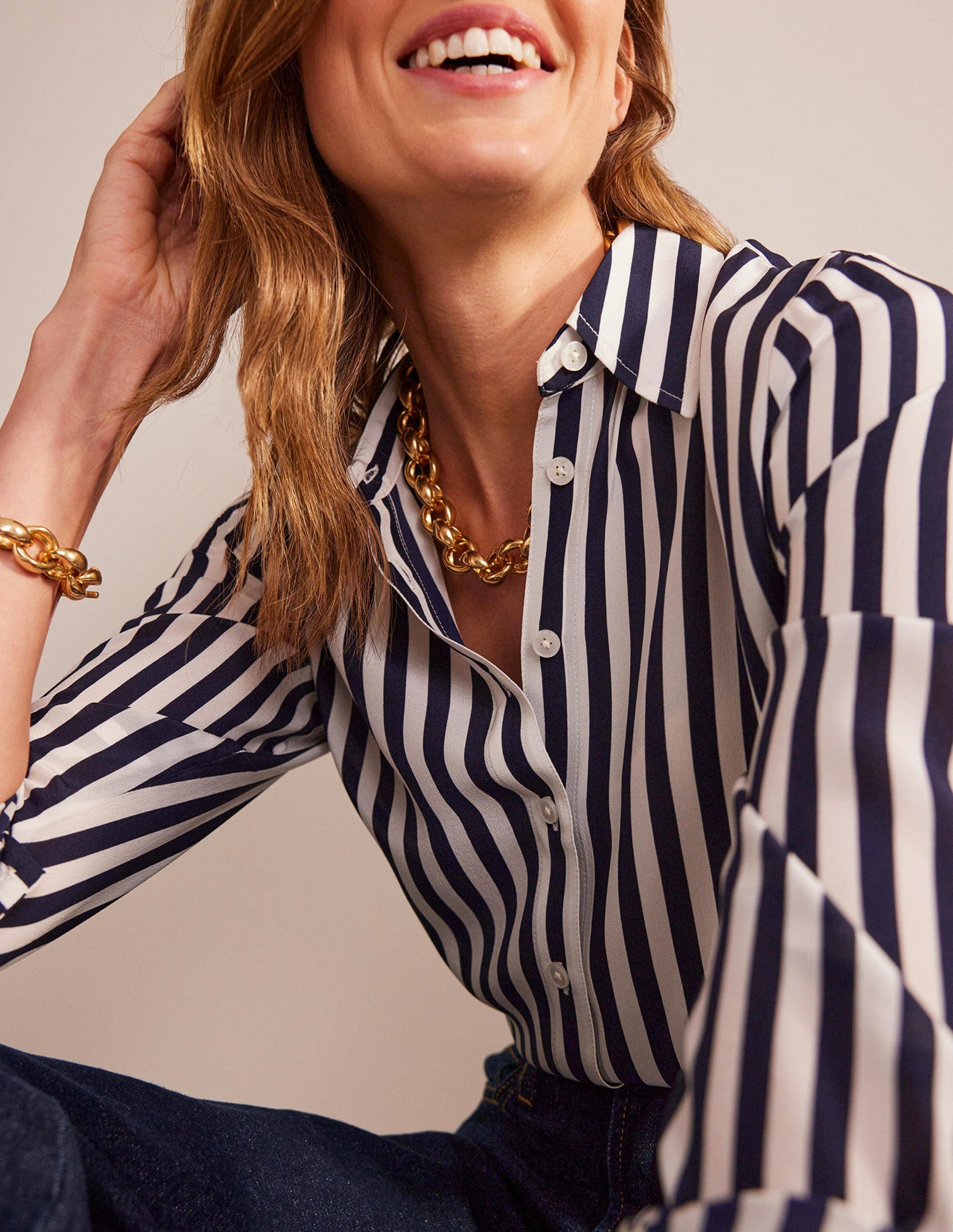 Sienna Silk Shirt-Ivory, Navy Stripe-2