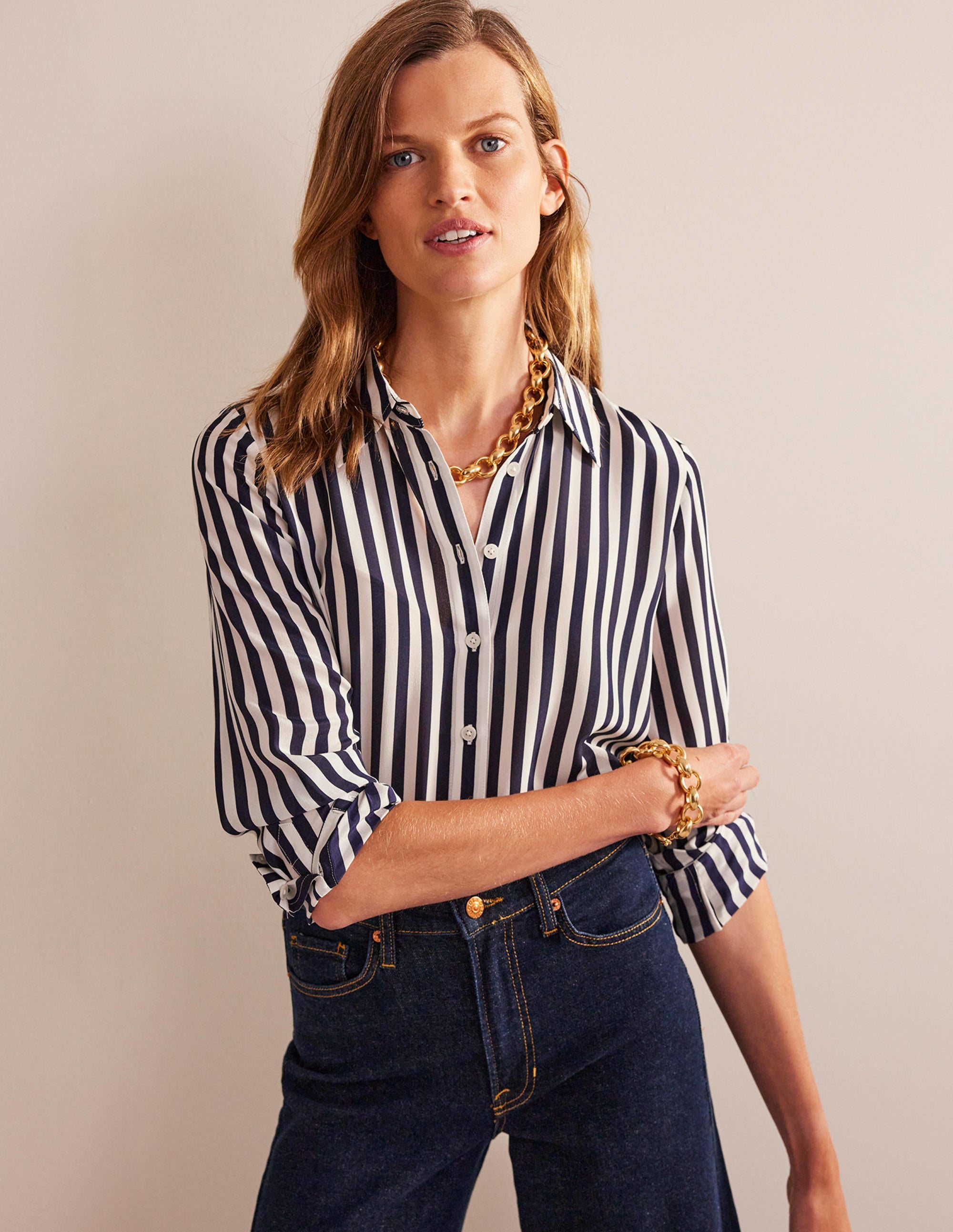 Sienna Silk Shirt-Ivory, Navy Stripe - Image 4