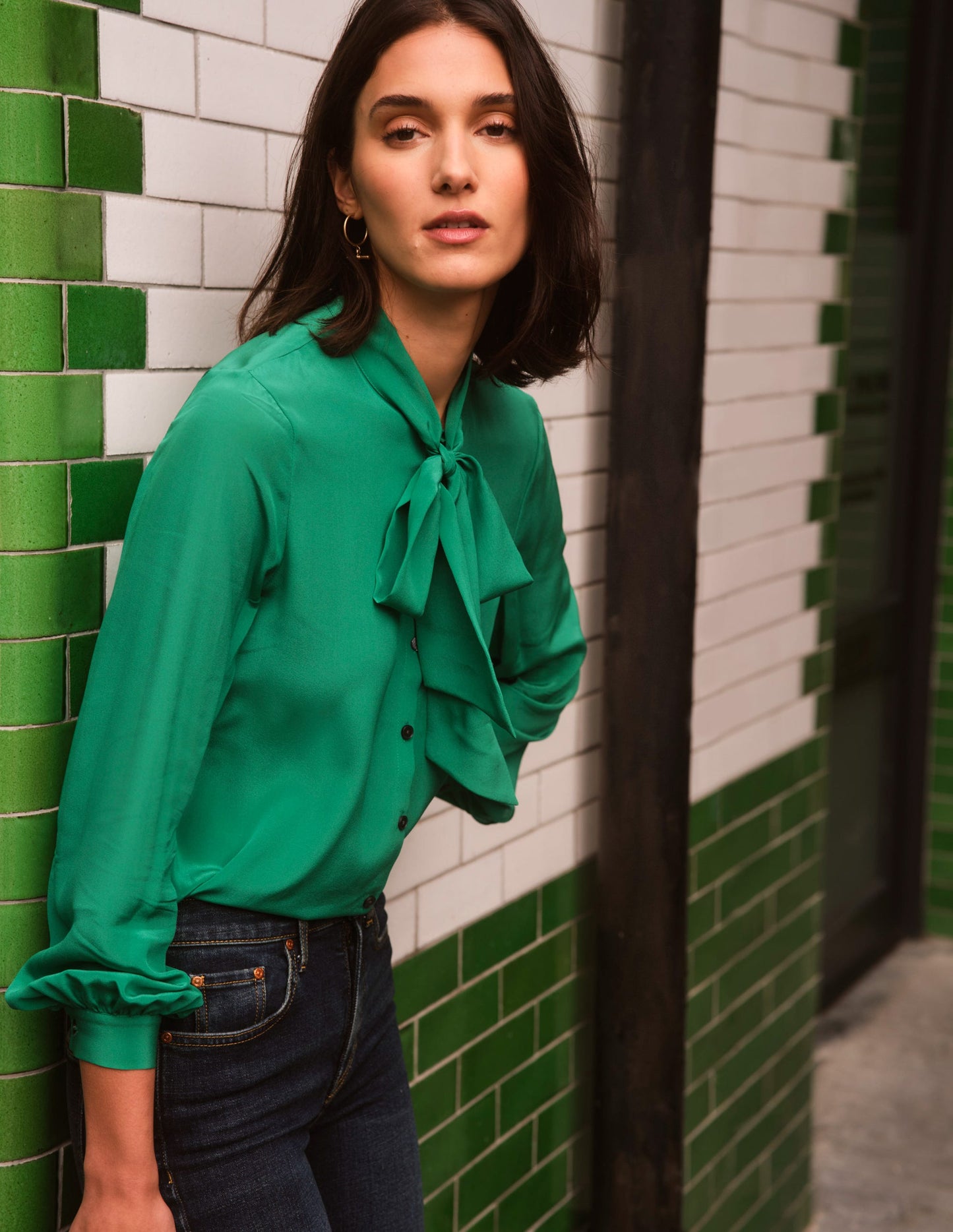 Bow-Neck Button-Down Blouse-Veridian Green