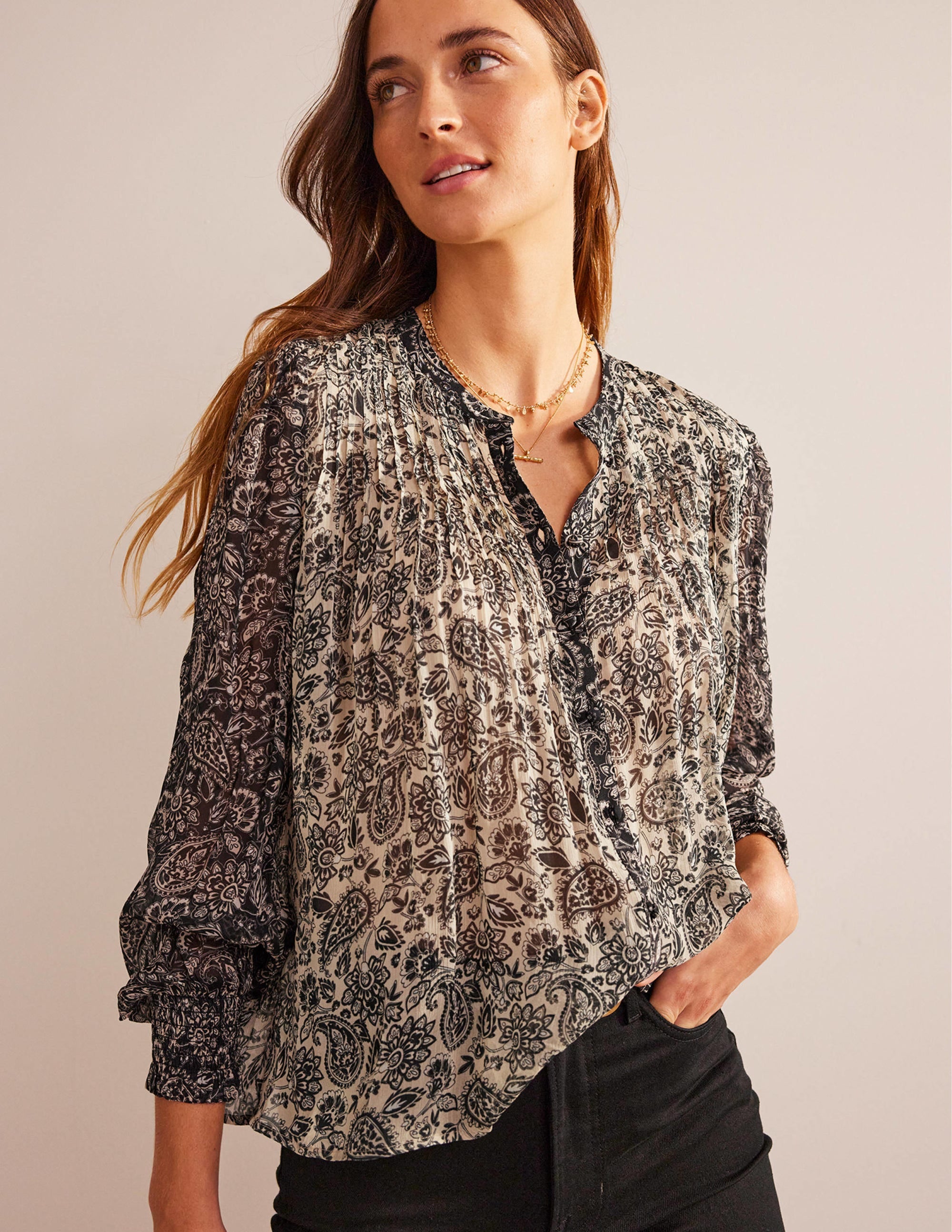 Isla Remix Pintuck Blouse-Black, Paisley - Image 1