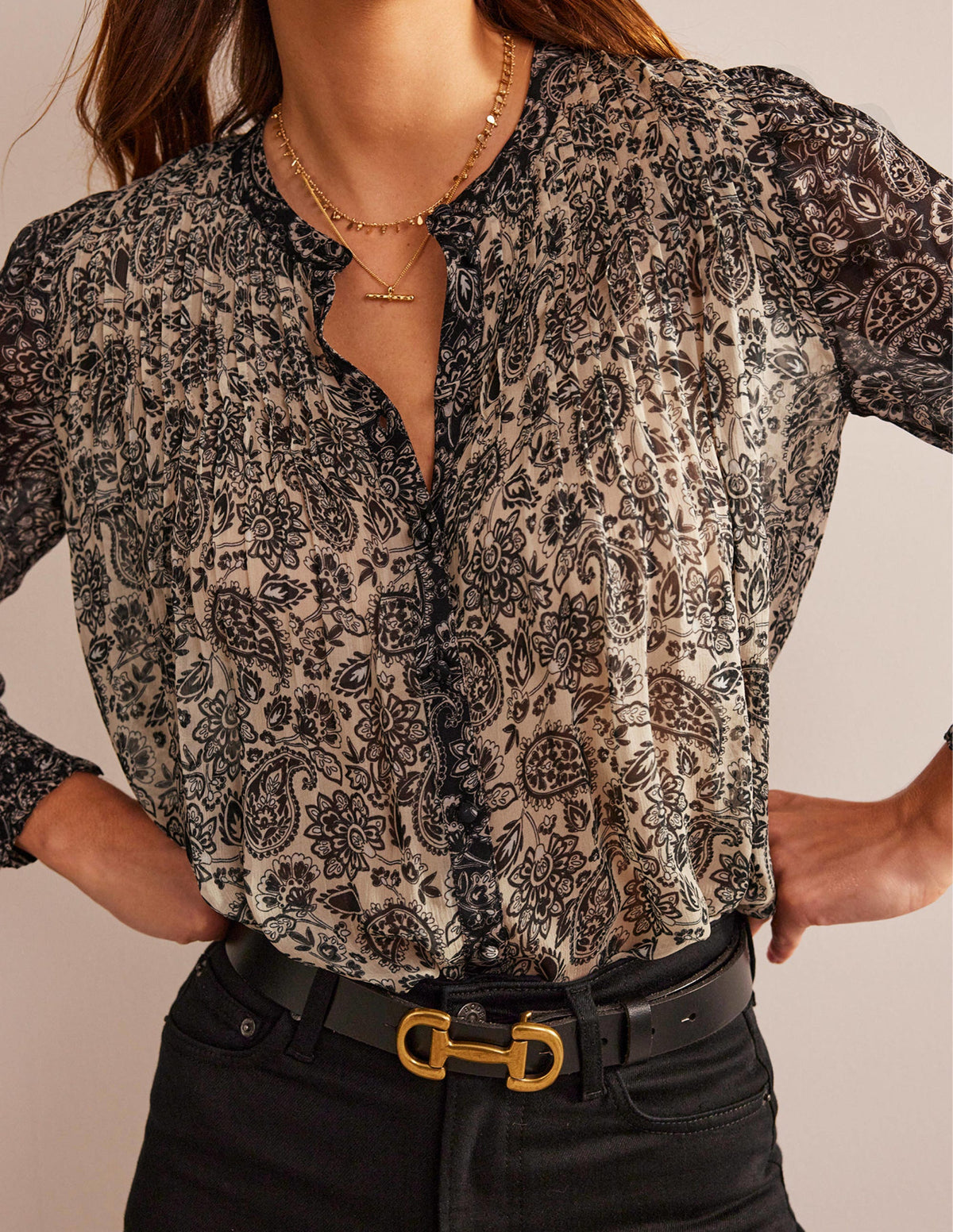 Isla Remix Pintuck Blouse-Black, Paisley-2
