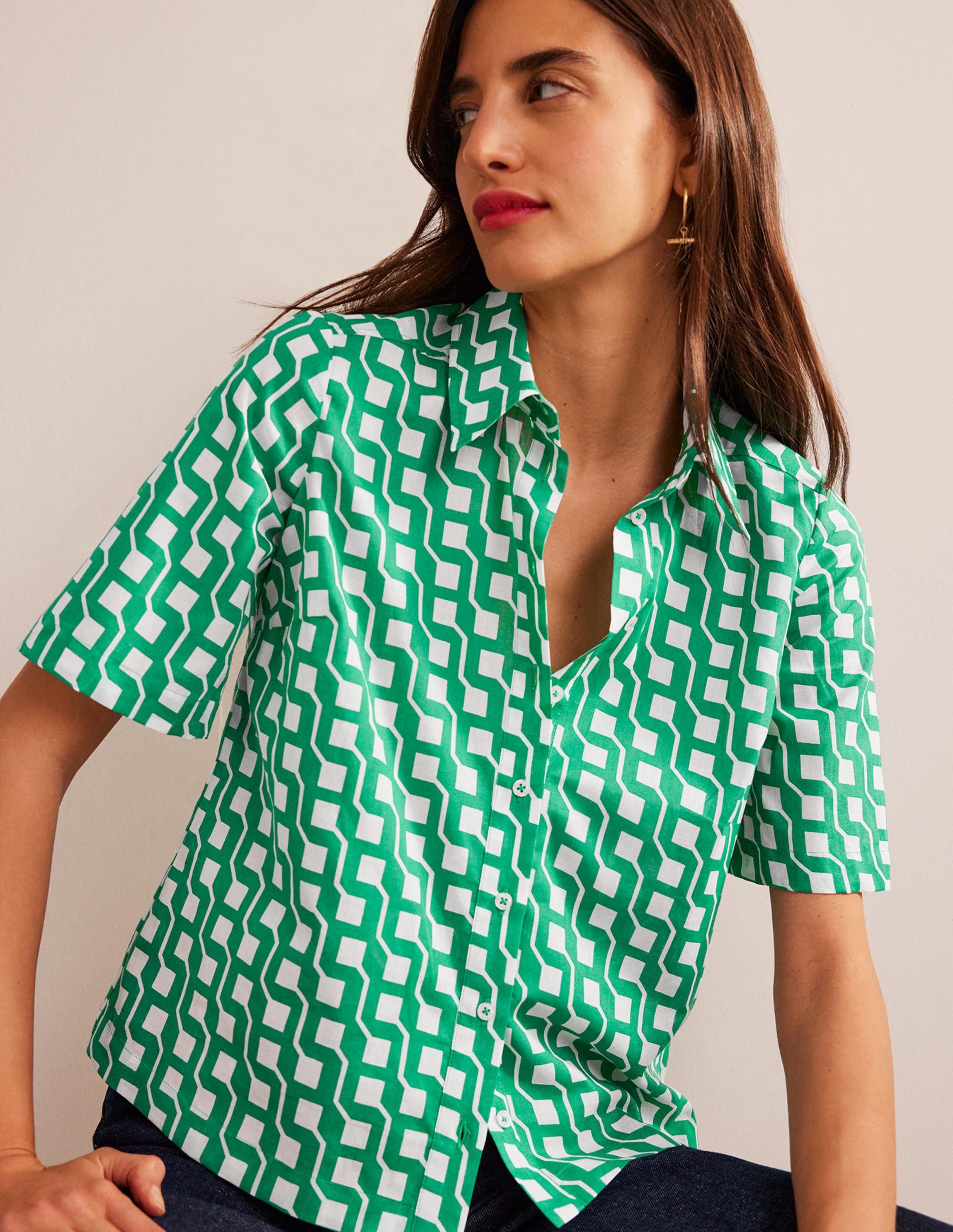 Short Sleeve Cotton Shirt-Bright Emerald, Cube Geo - Image 1