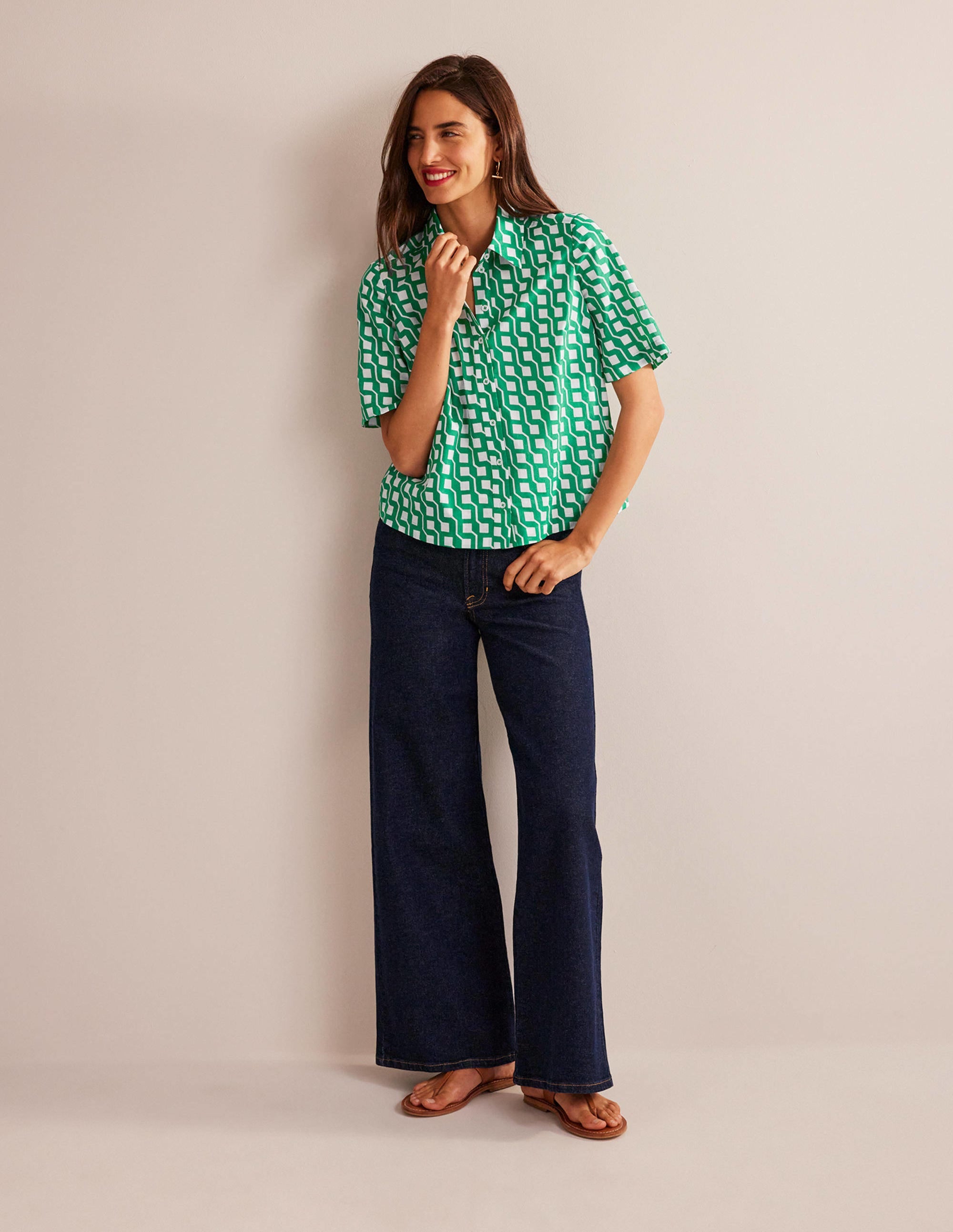 Short Sleeve Cotton Shirt-Bright Emerald, Cube Geo - Image 4