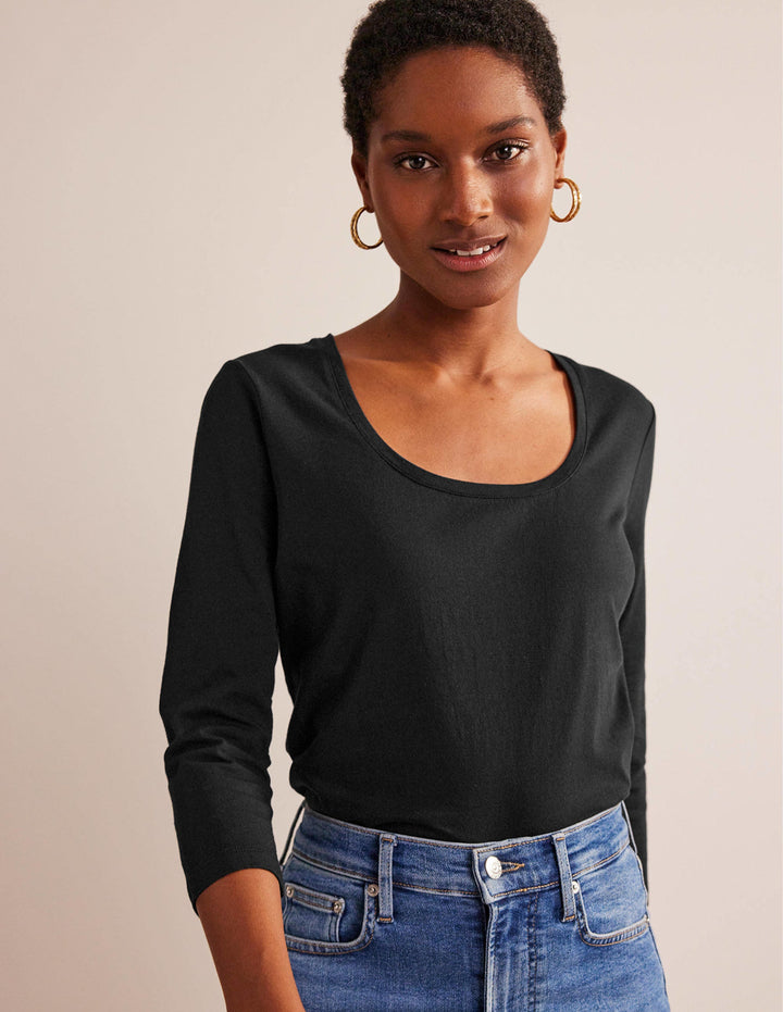 3/4 Sleeve Scoop Neck Top-Black