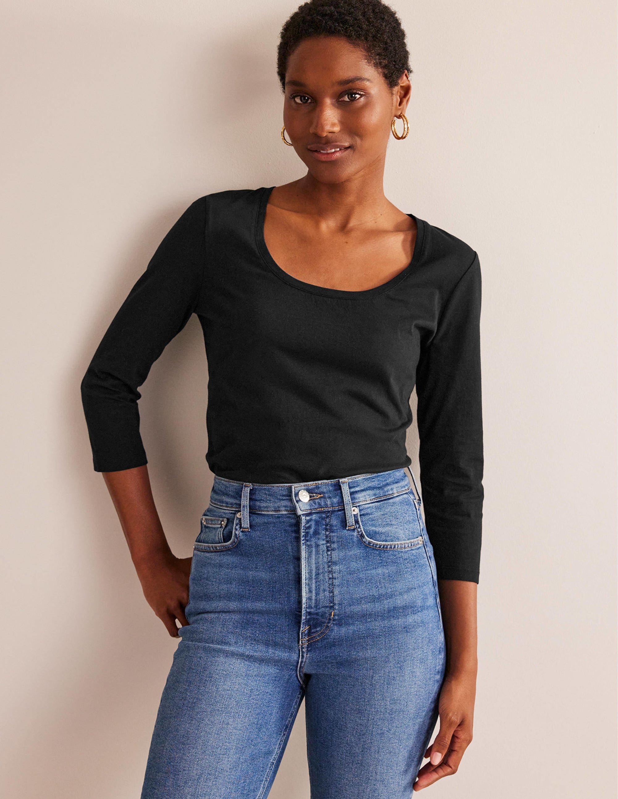 3/4 Sleeve Scoop Neck Top-Black - Image 4