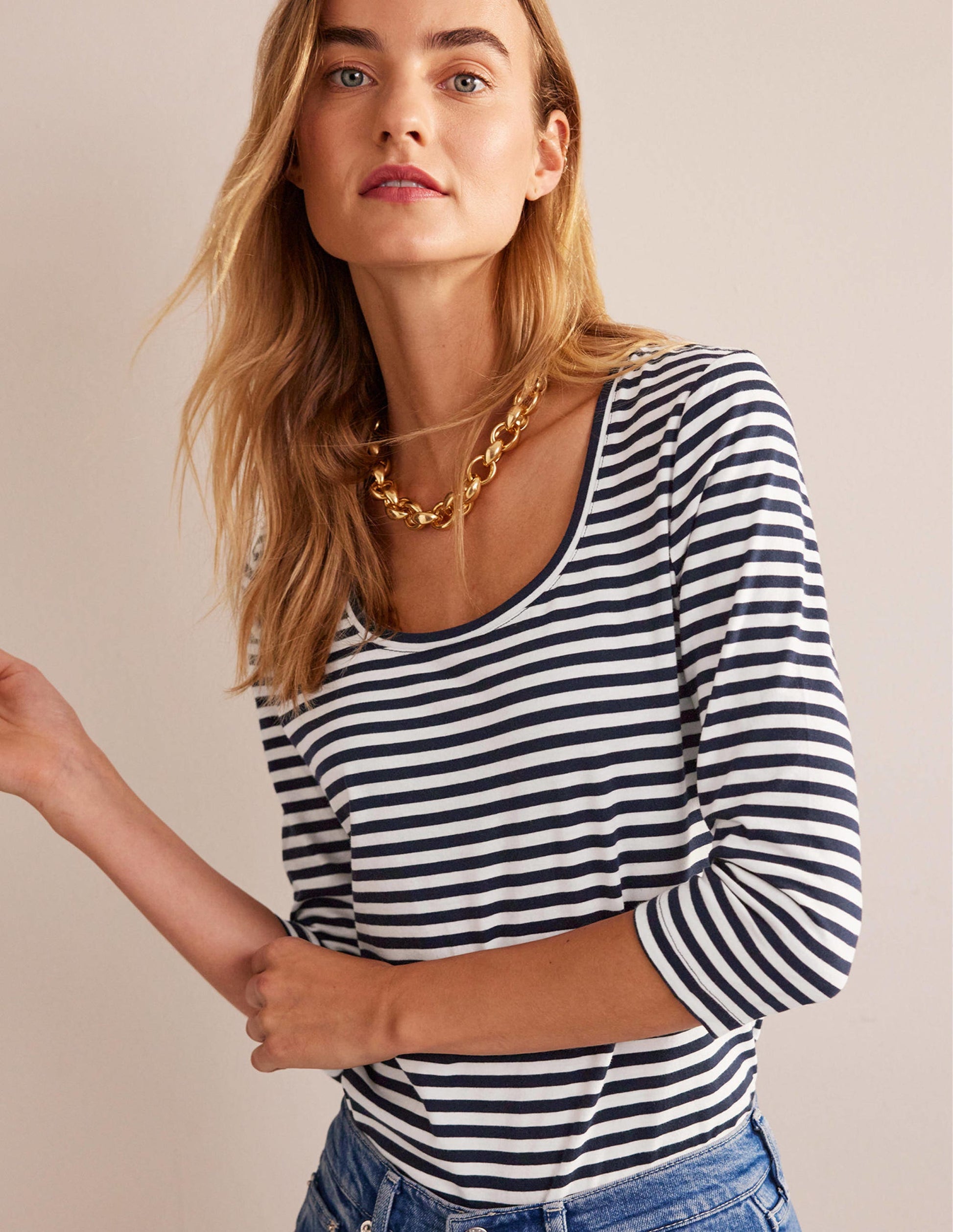3/4 Sleeve Scoop Neck Top-Ivory, Navy-4