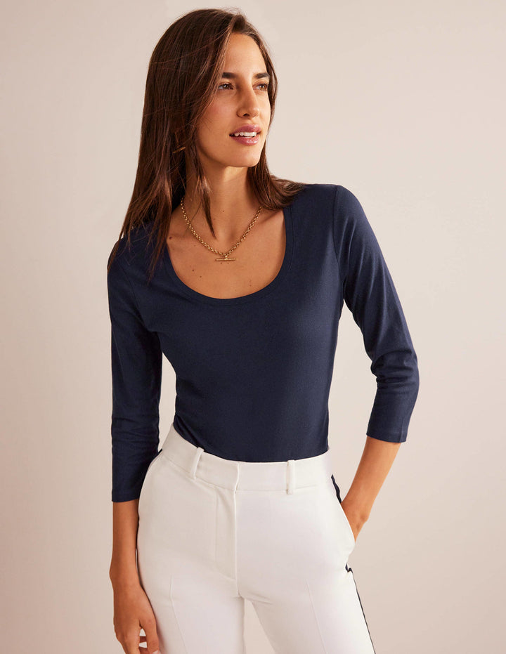 3/4 Sleeve Scoop Neck Top-Navy