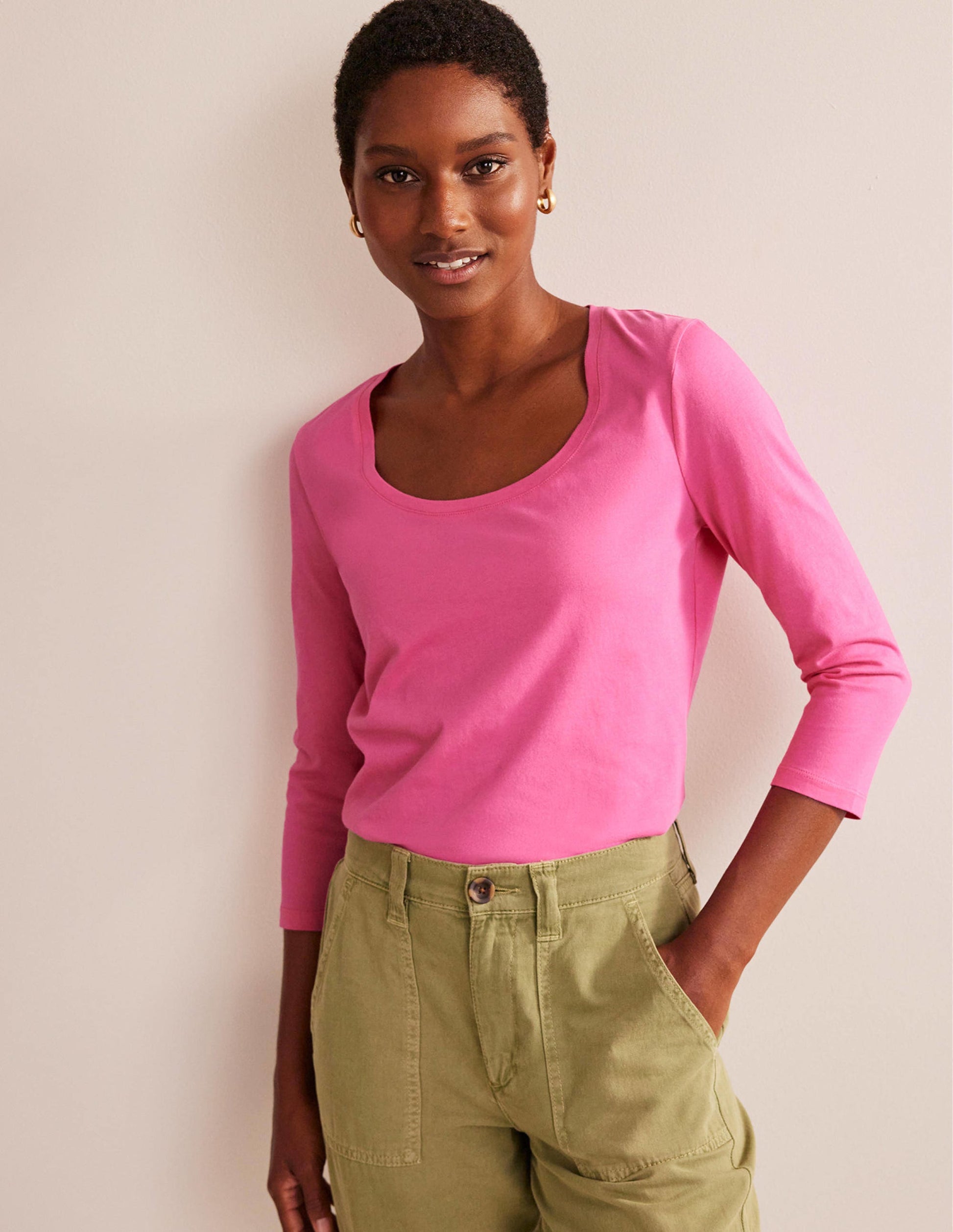 3/4 Sleeve Scoop Neck Top-Pink-4
