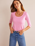 3/4 Sleeve Scoop Neck Top-Ivory, Pink