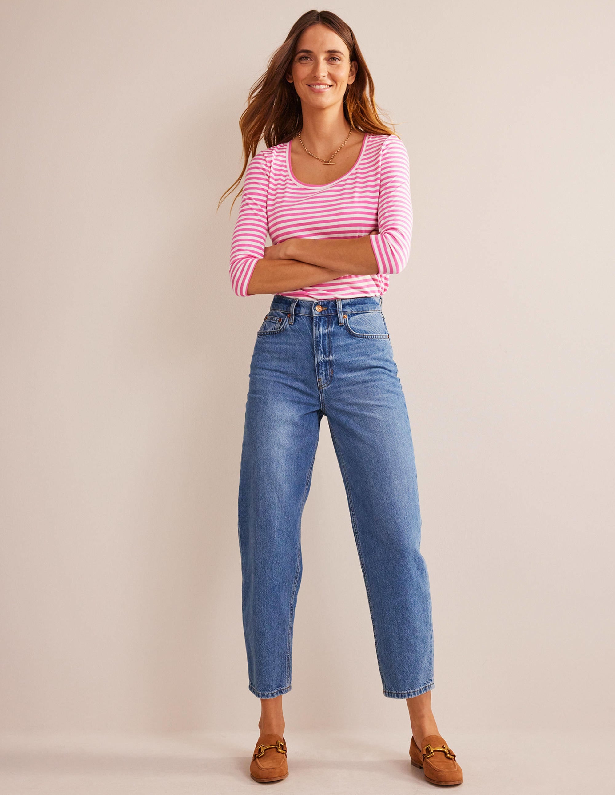 3/4 Sleeve Scoop Neck Top-Ivory, Pink - Image 4