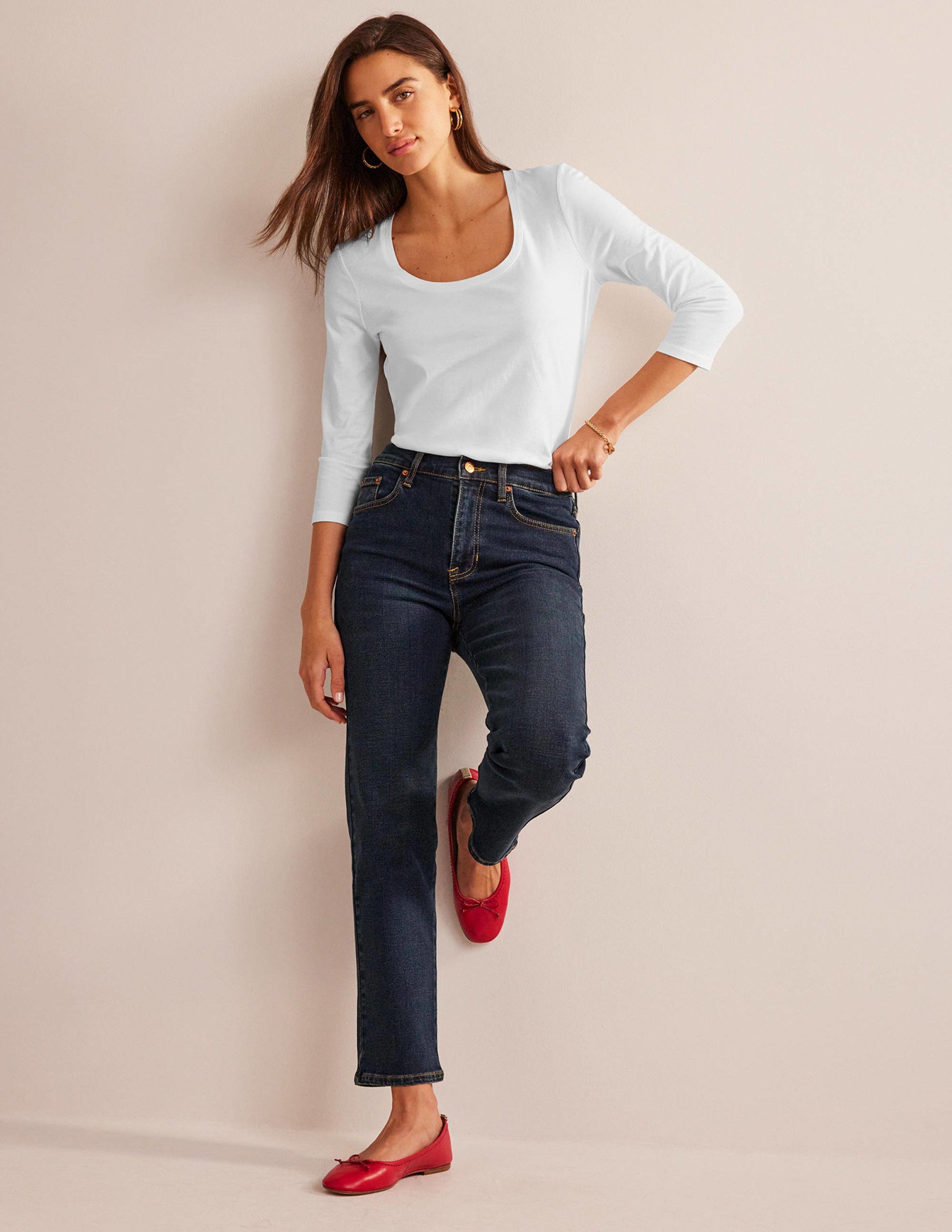 3/4 Sleeve Scoop Neck Top-White-5