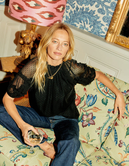 Short-Sleeve Spotty Tulle Top-Black-5