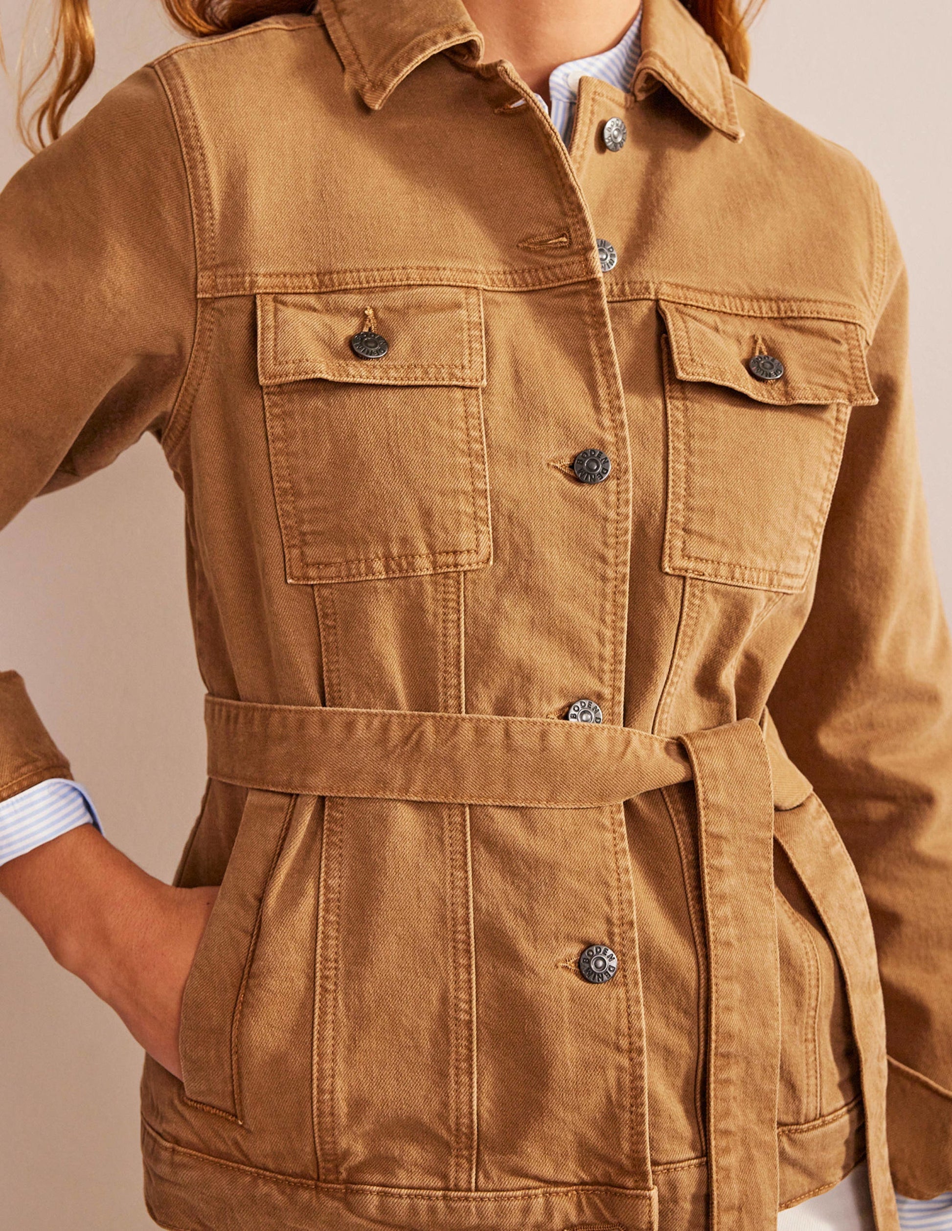 Belted Denim Jacket-Raw Umber-3