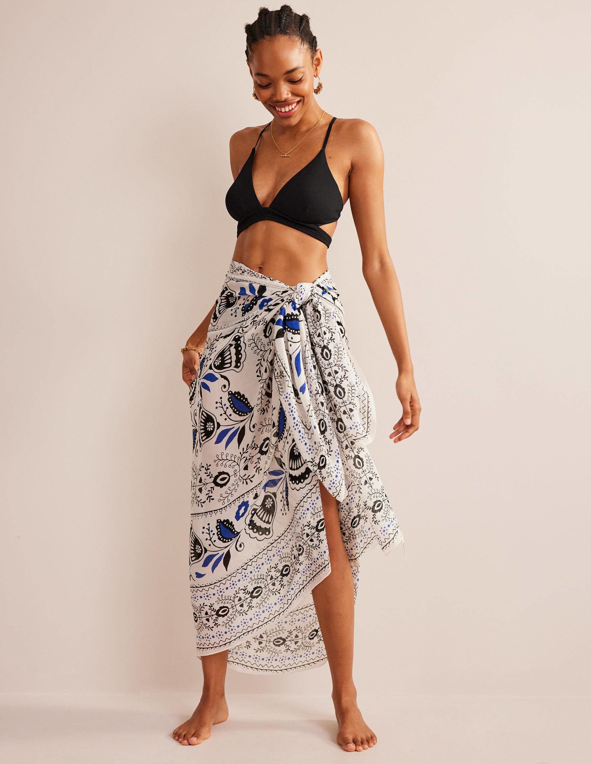 Printed Sarong Scarf-Ivory, Milos Bloom - Image 1