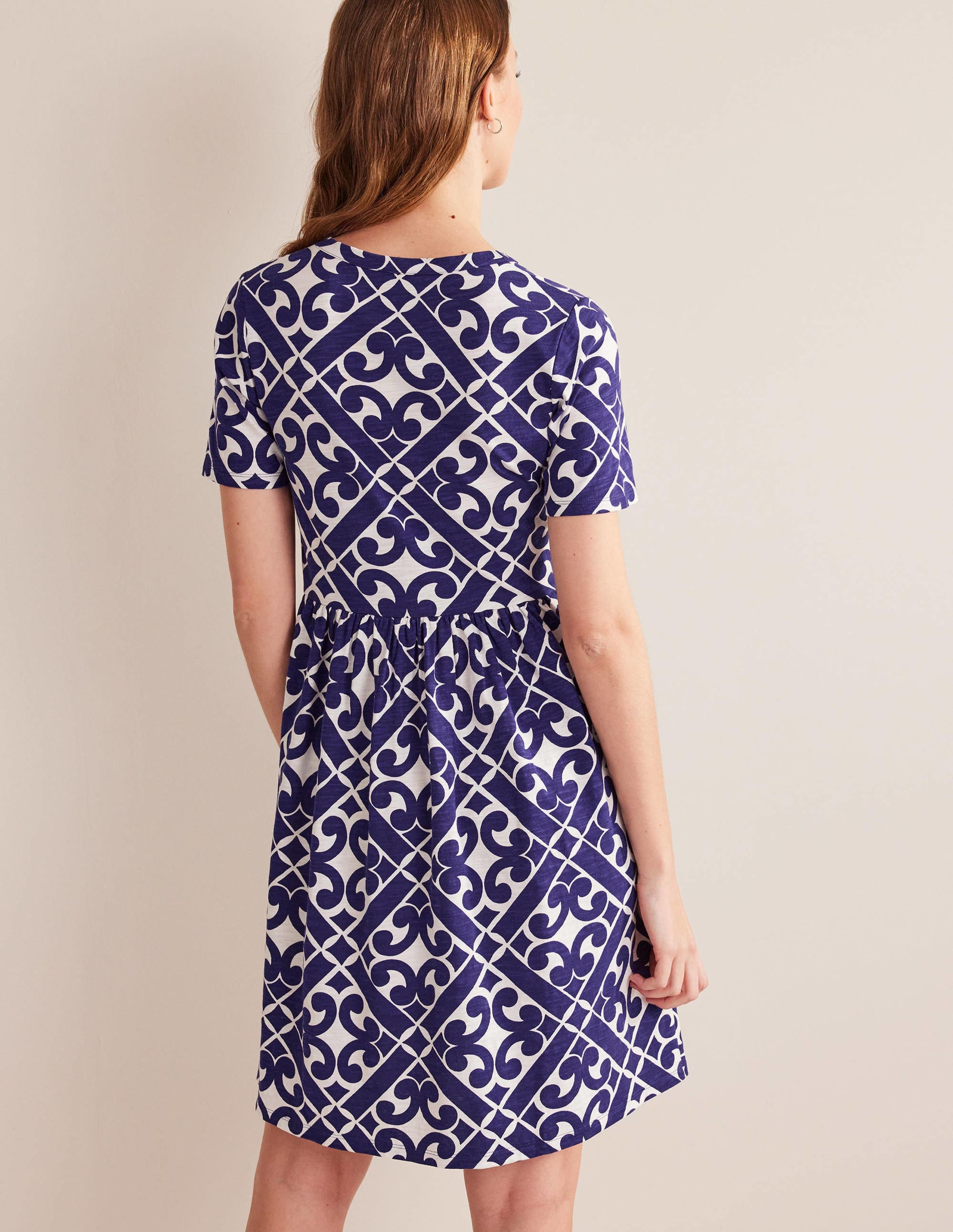 Easy Notch Neck Jersey Dress-Prussian Blue, Tranquil Geo - Image 3