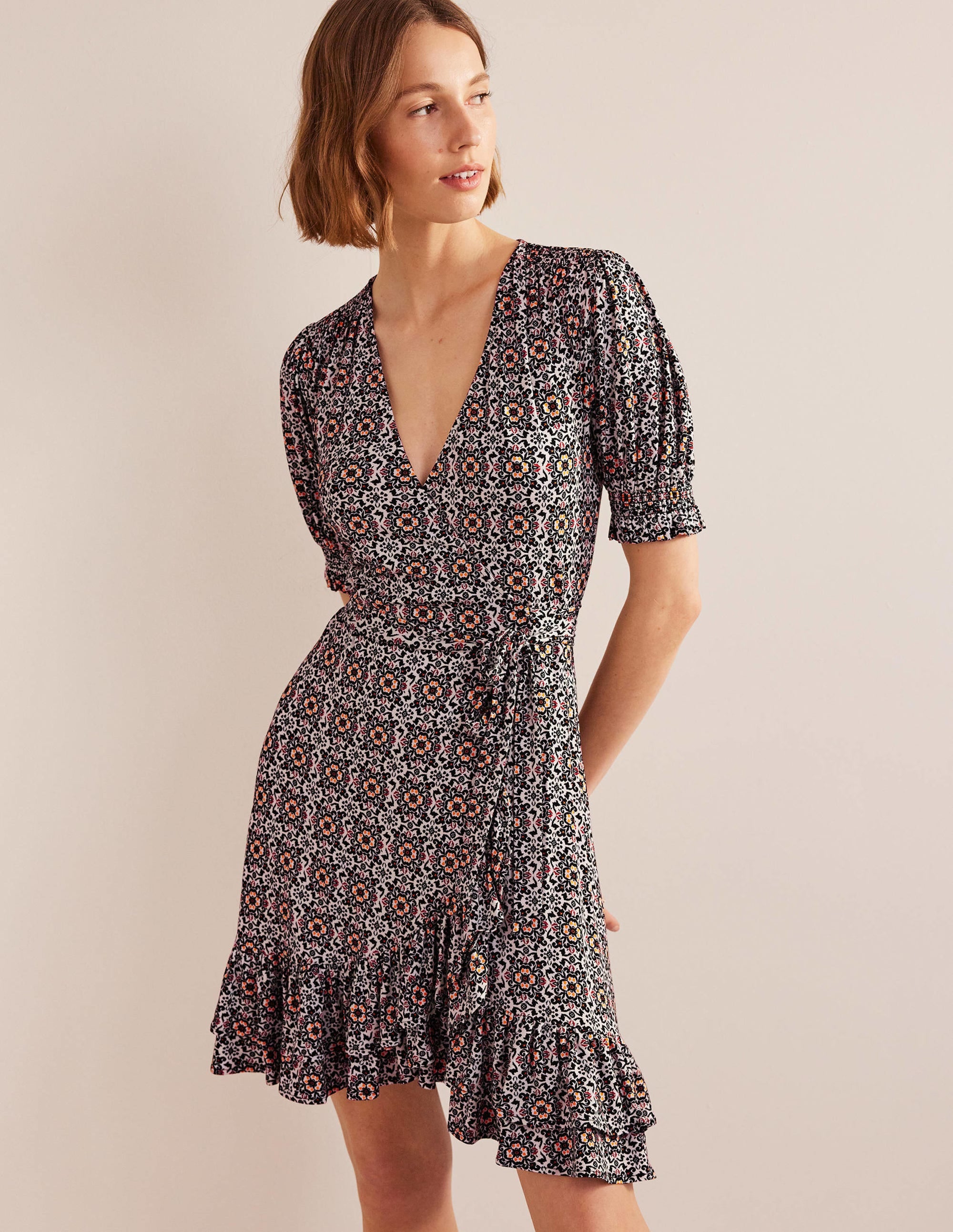 Ruffle Wrap Jersey Mini Dress-Black, Opulent Pome - Image 1