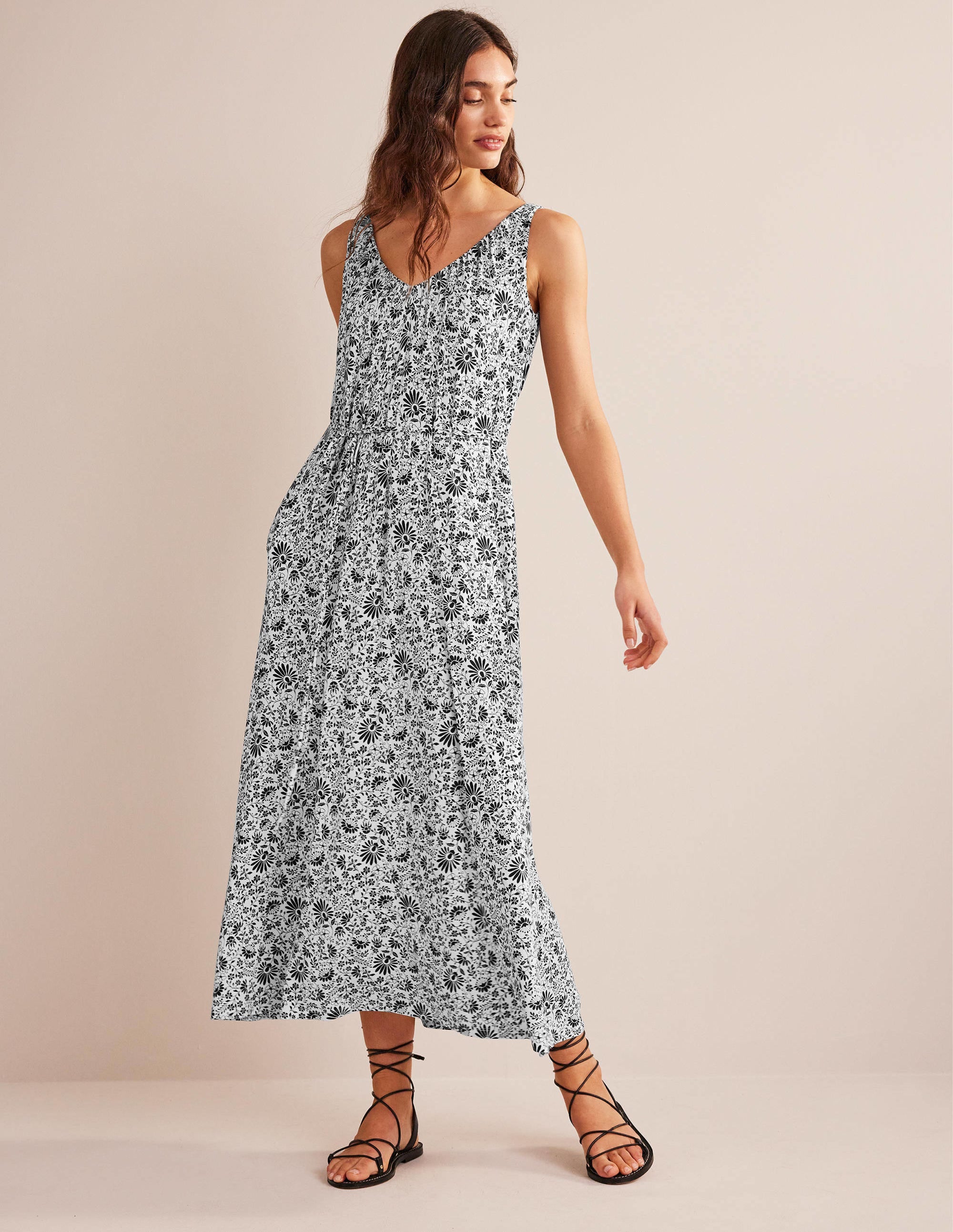 V-Neck Jersey Maxi Dress-Black, Gardenia Sprig - Image 1