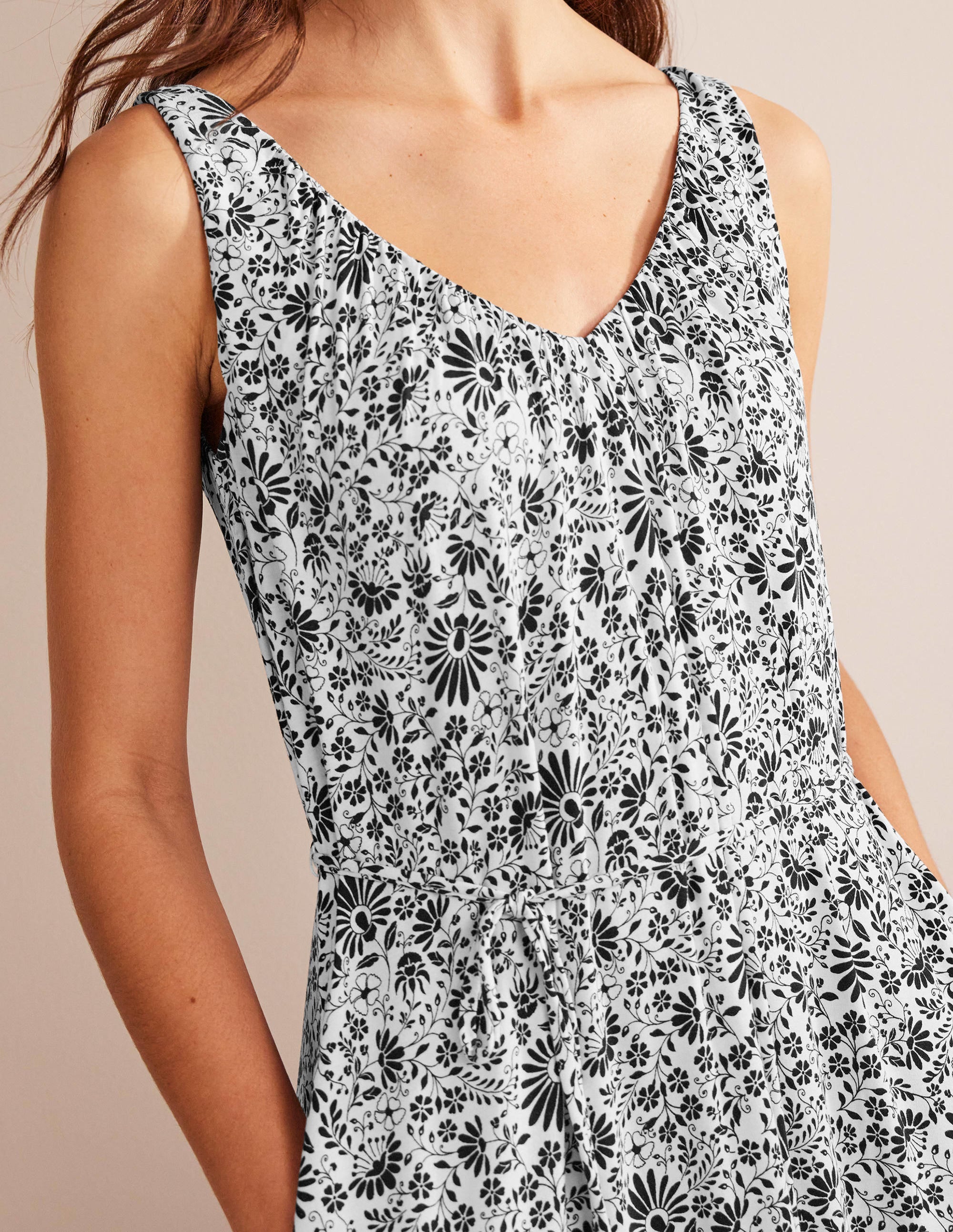 V-Neck Jersey Maxi Dress-Black, Gardenia Sprig - Image 2