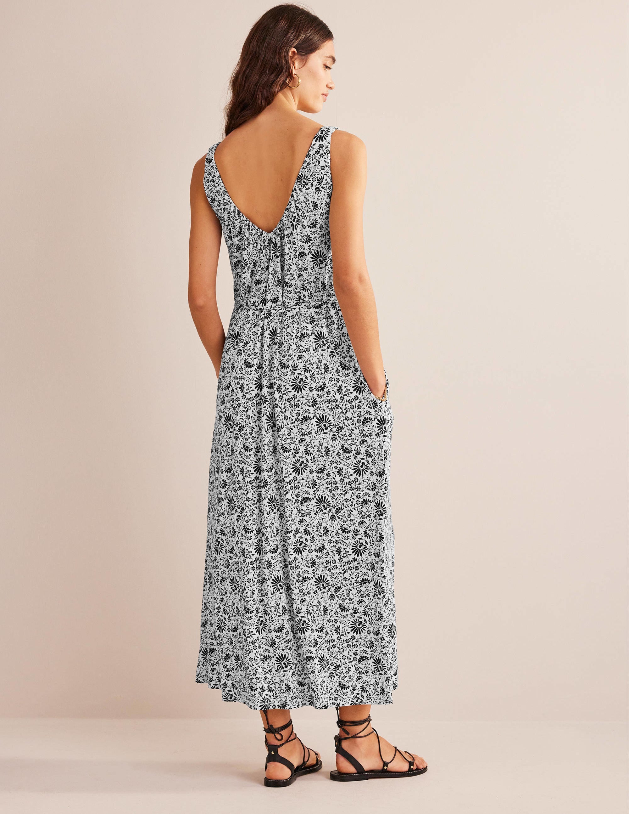 V-Neck Jersey Maxi Dress-Black, Gardenia Sprig - Image 3