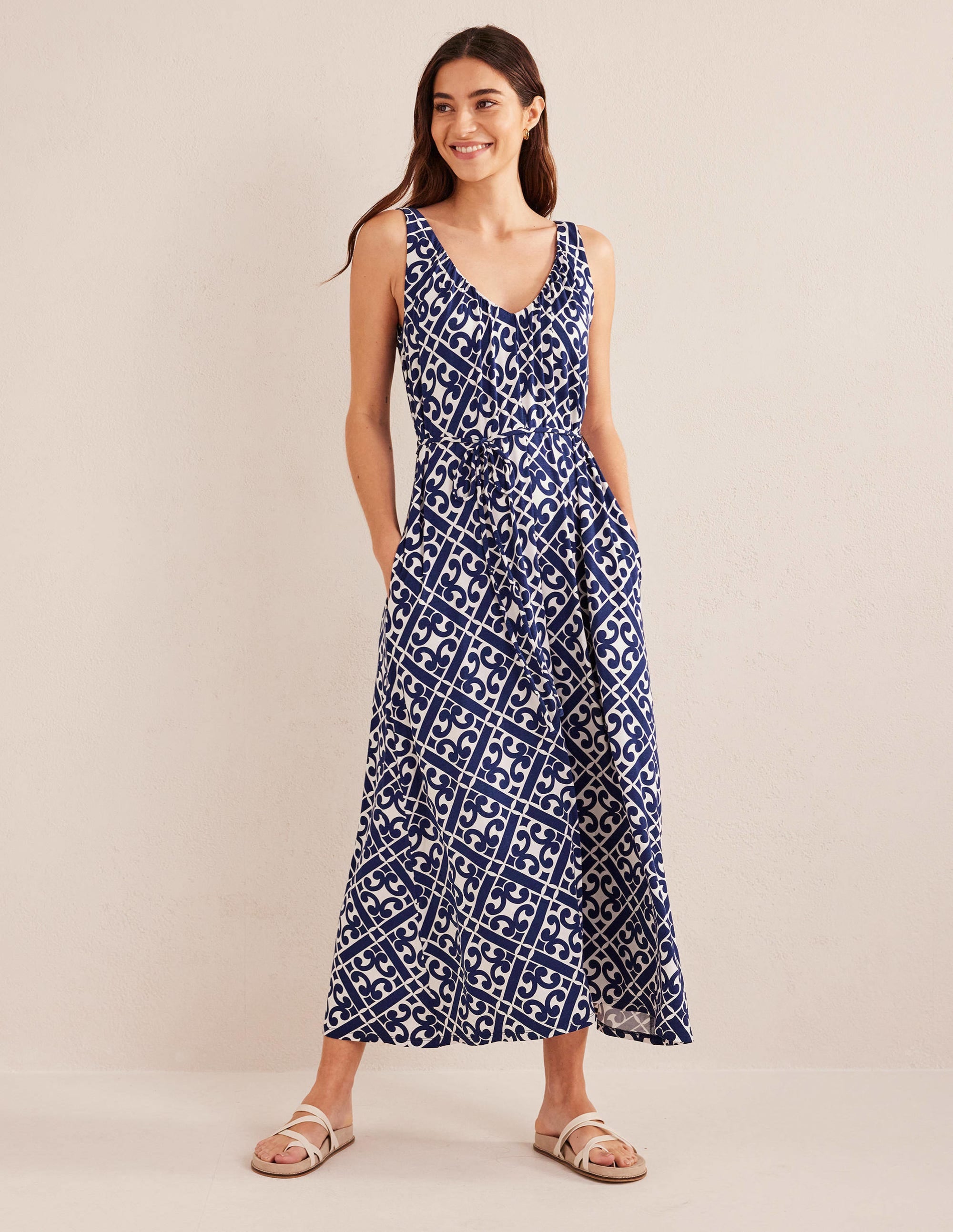 V-Neck Jersey Maxi Dress-Prussian Blue, Tranquil Geo - Image 1