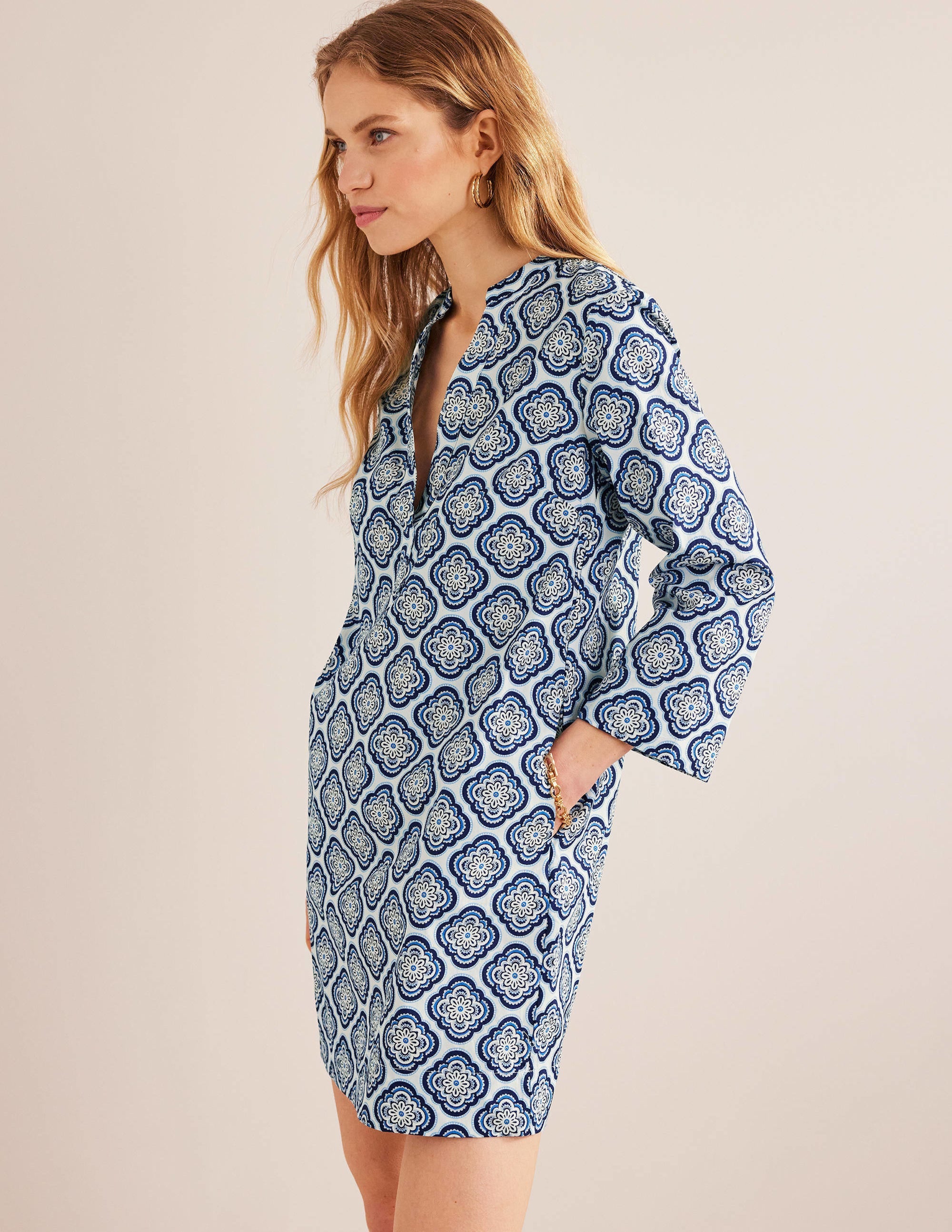 Notch Neck Mini Shift Dress-Heavenly Blue, Botanic Blush - Image 4