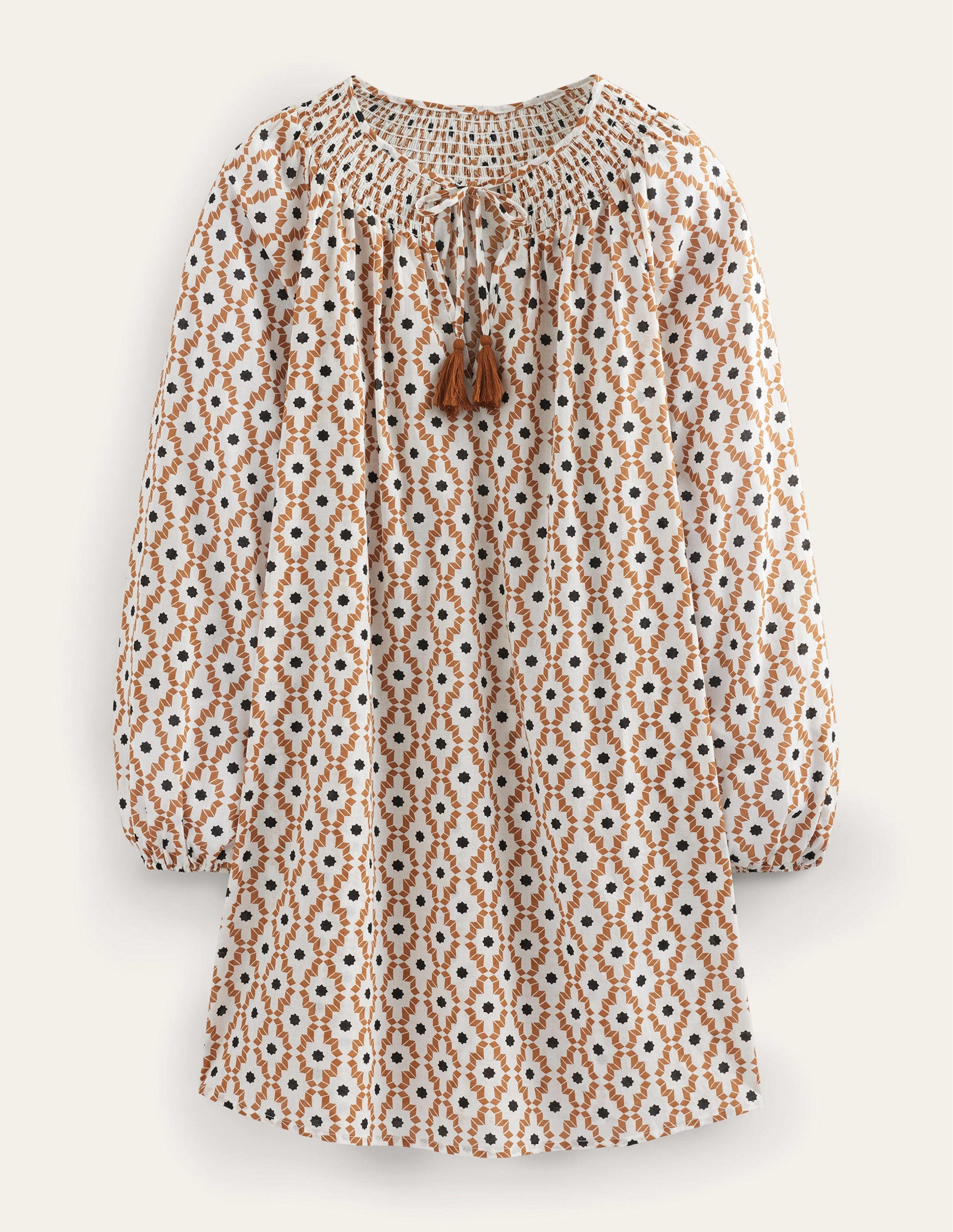 Smocked Neck Beach Kaftan-Cashew, Geo Trance-5