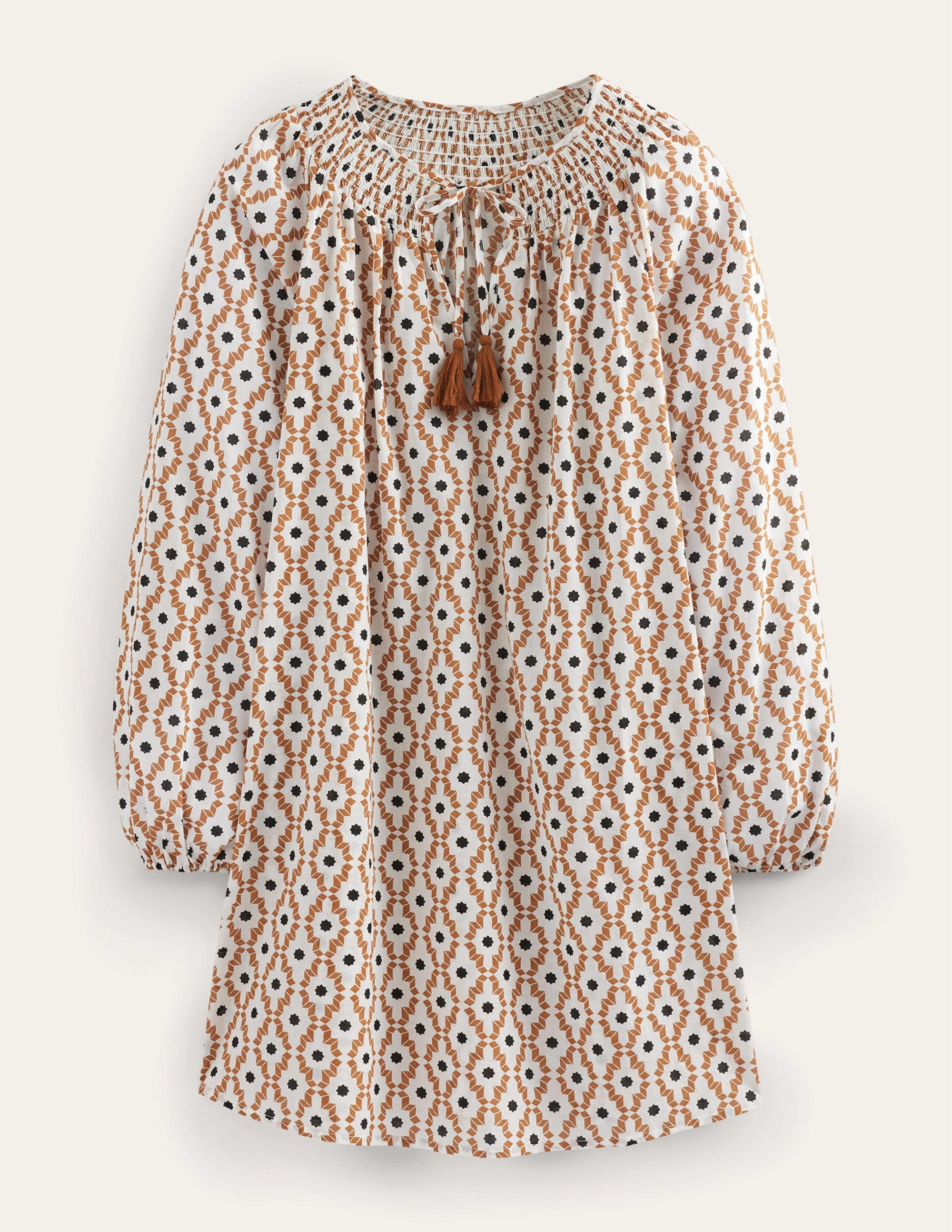 Smocked Neck Beach Kaftan-Cashew, Geo Trance - Image 5