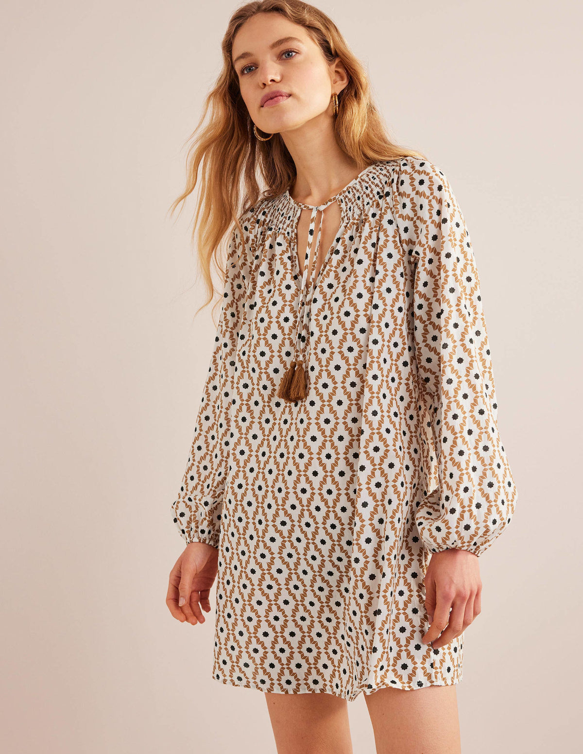Smocked Neck Beach Kaftan-Cashew, Geo Trance - Image 1