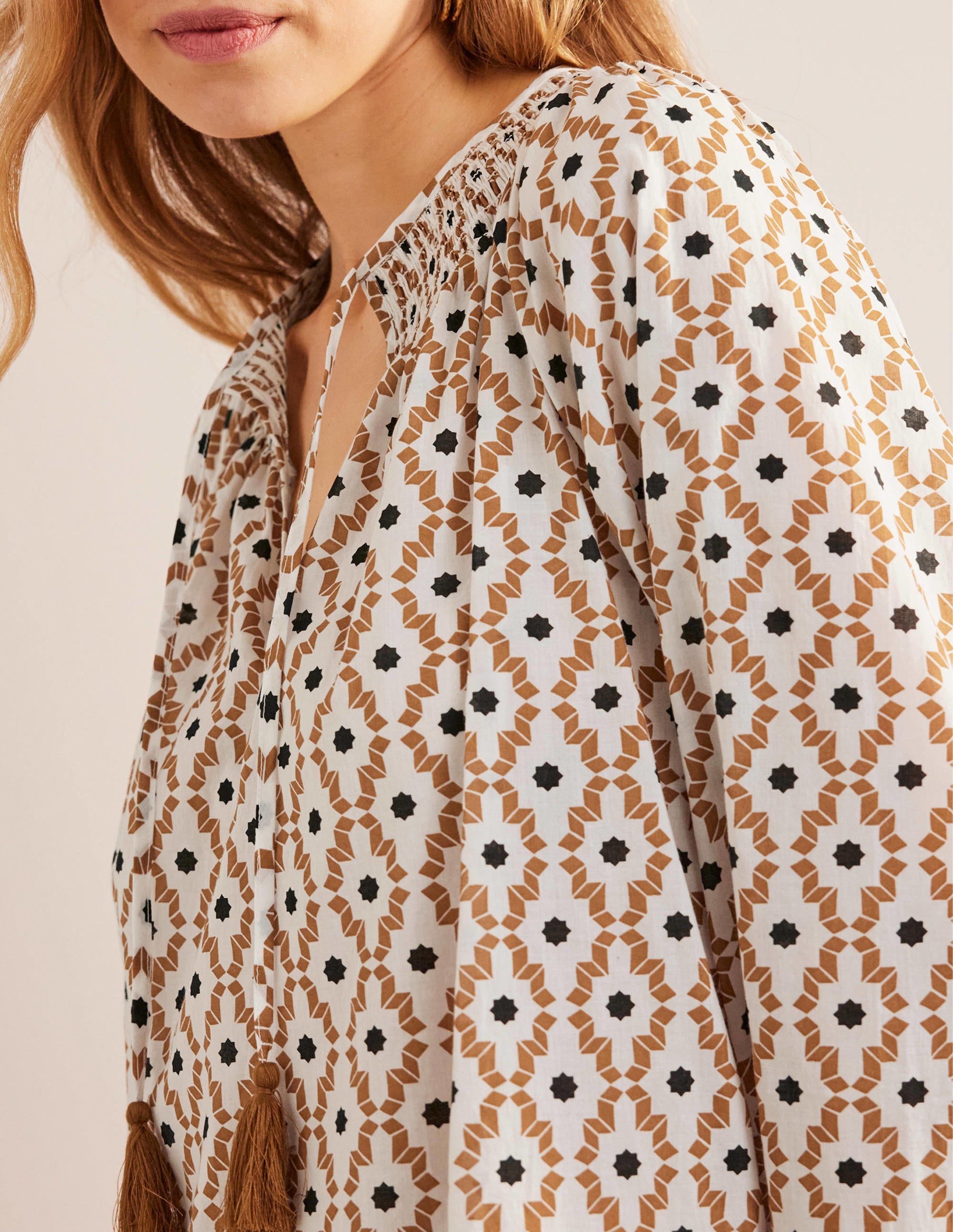 Smocked Neck Beach Kaftan-Cashew, Geo Trance - Image 2