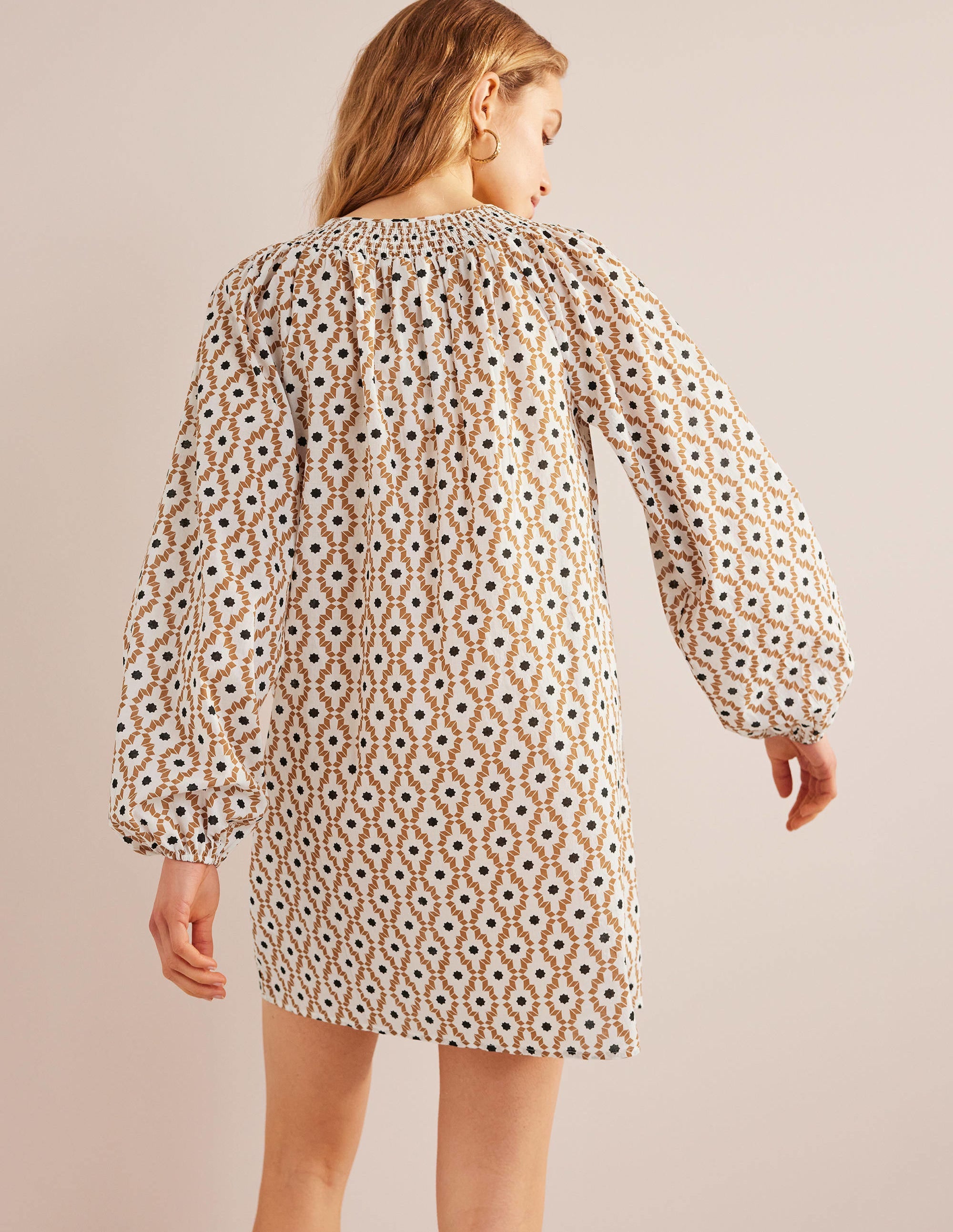 Smocked Neck Beach Kaftan-Cashew, Geo Trance - Image 3