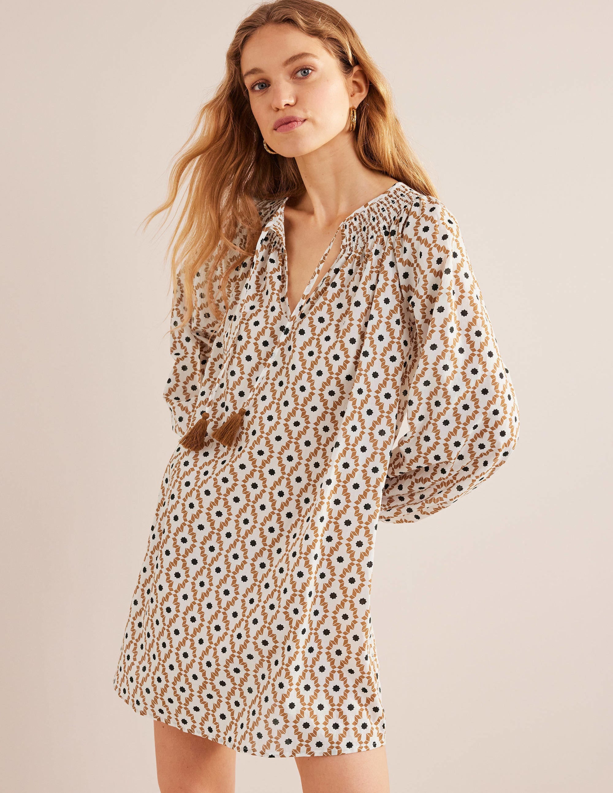Smocked Neck Beach Kaftan-Cashew, Geo Trance - Image 4