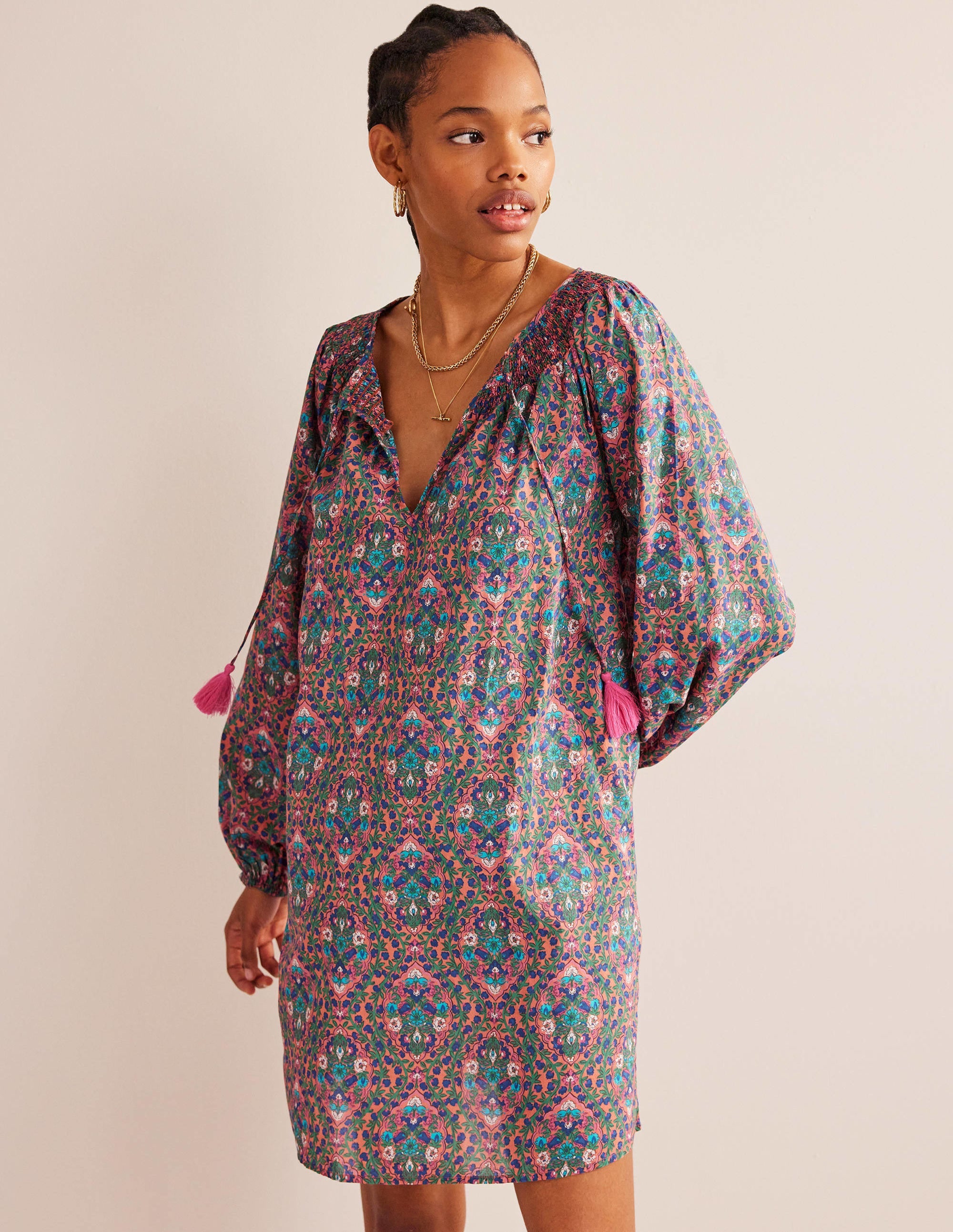 Smocked Neck Beach Kaftan-Multi, Vine Terrace - Image 1