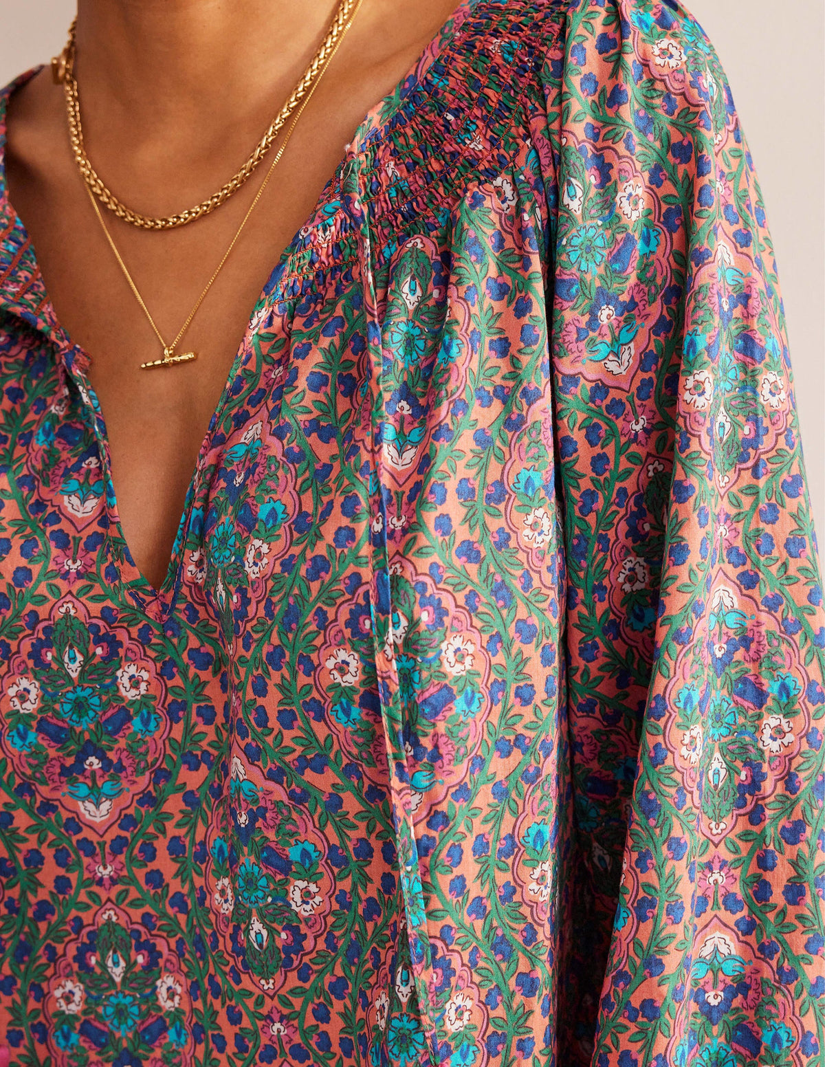 Smocked Neck Beach Kaftan-Multi, Vine Terrace - Image 2