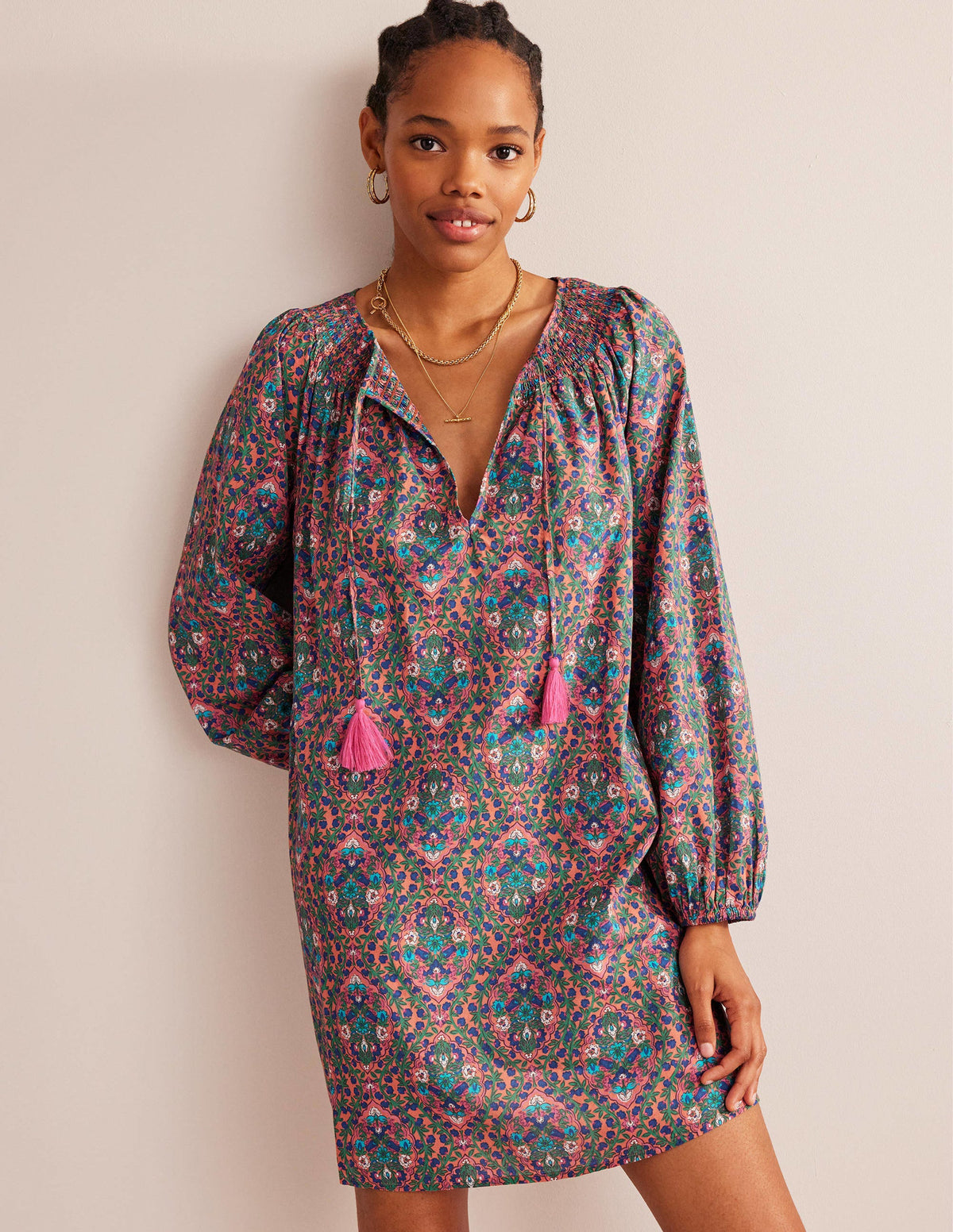 Smocked Neck Beach Kaftan-Multi, Vine Terrace - Image 4