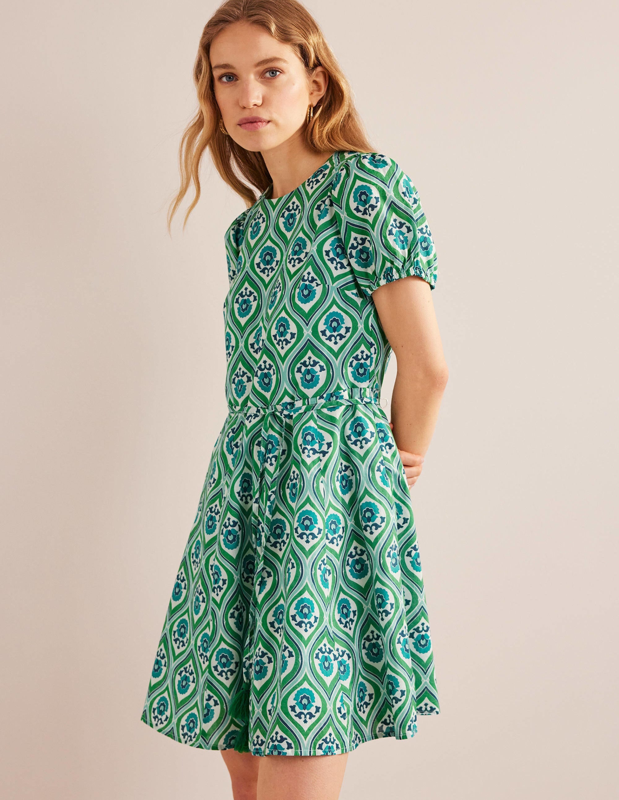 Full Skirted Mini Dress-Aquamarine, Geo Cascade - Image 1