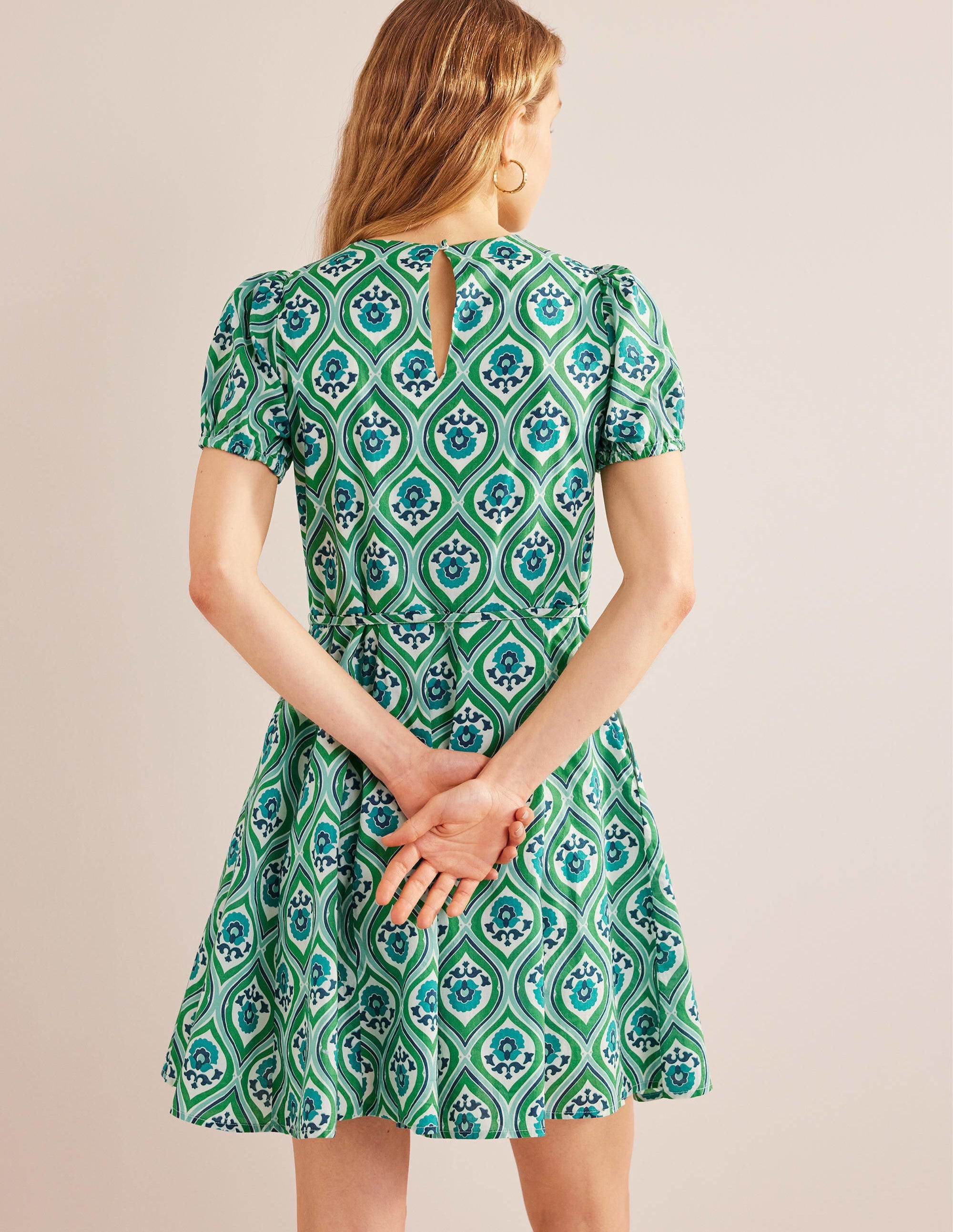 Full Skirted Mini Dress-Aquamarine, Geo Cascade - Image 3