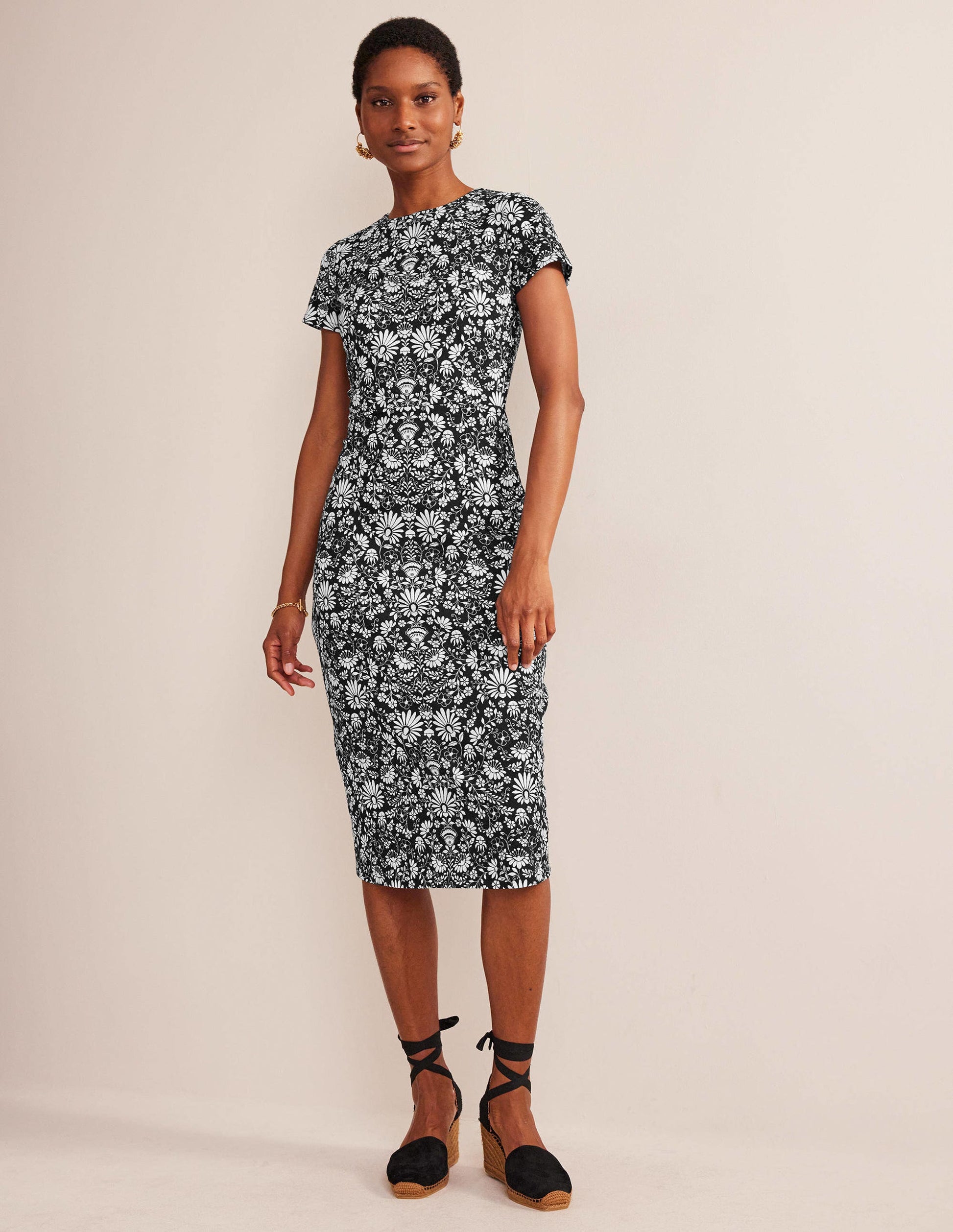 Jersey Column Midi Dress-Black, Gardenia Sprig-1
