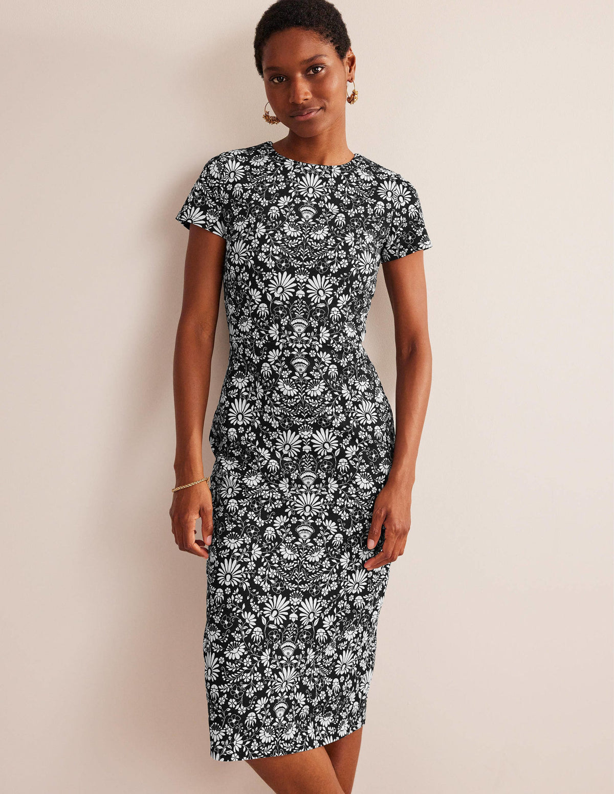 Jersey Column Midi Dress-Black, Gardenia Sprig-4