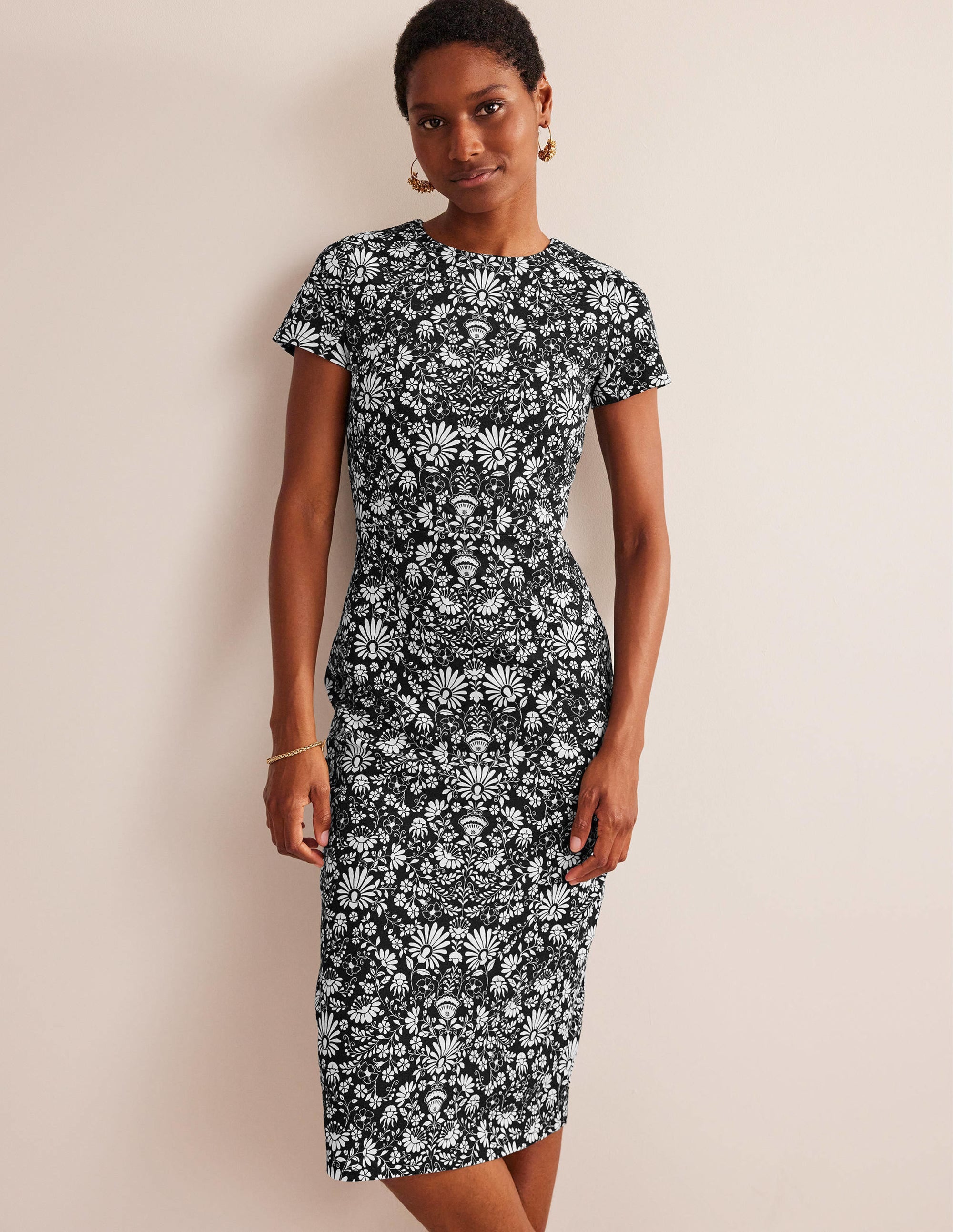 Jersey Column Midi Dress-Black, Gardenia Sprig - Image 4