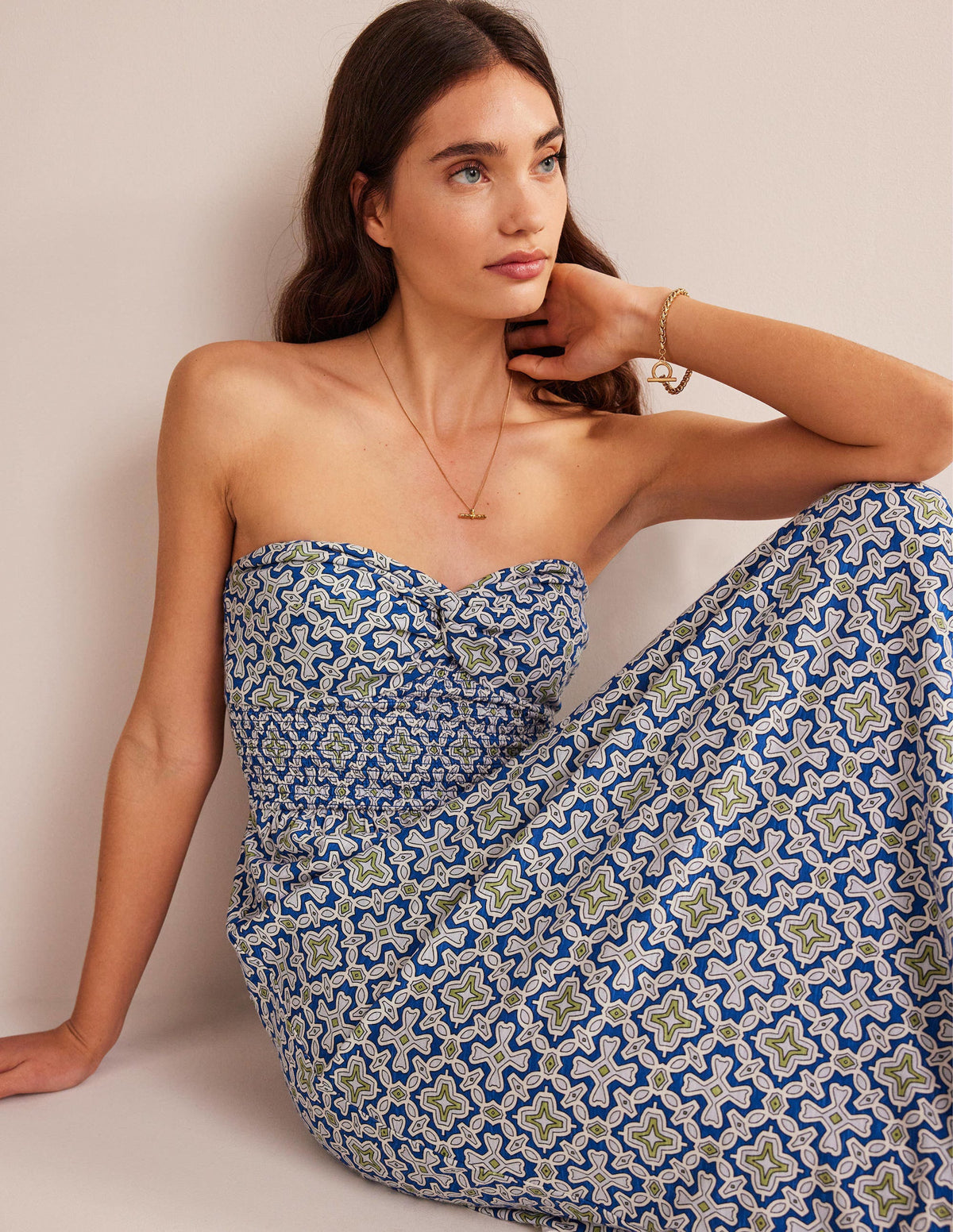 Twist Front Jersey Midi Dress-Blue Heron, Flora Tile - Image 2