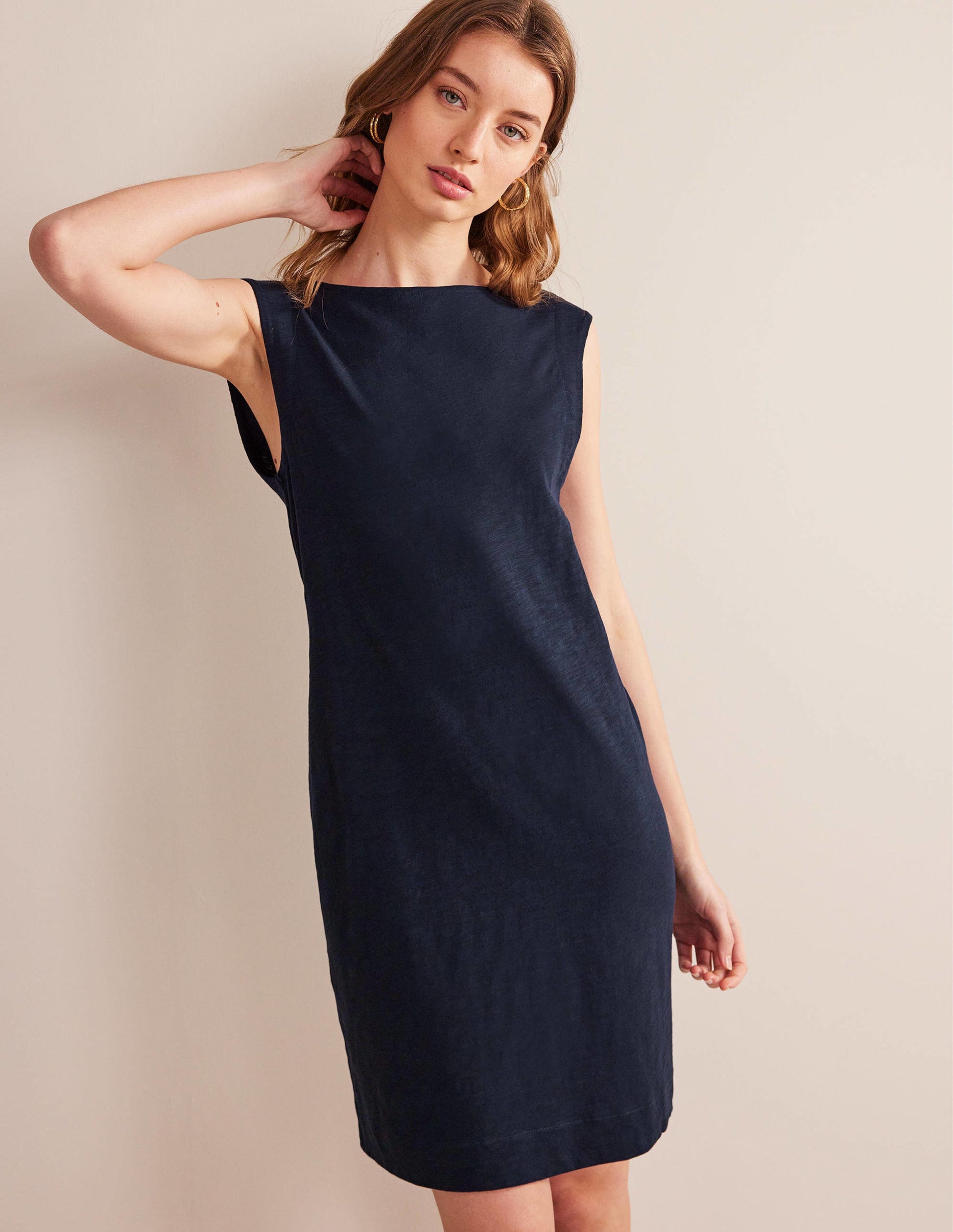 Sleeveless Jersey Shift Dress-Navy-4