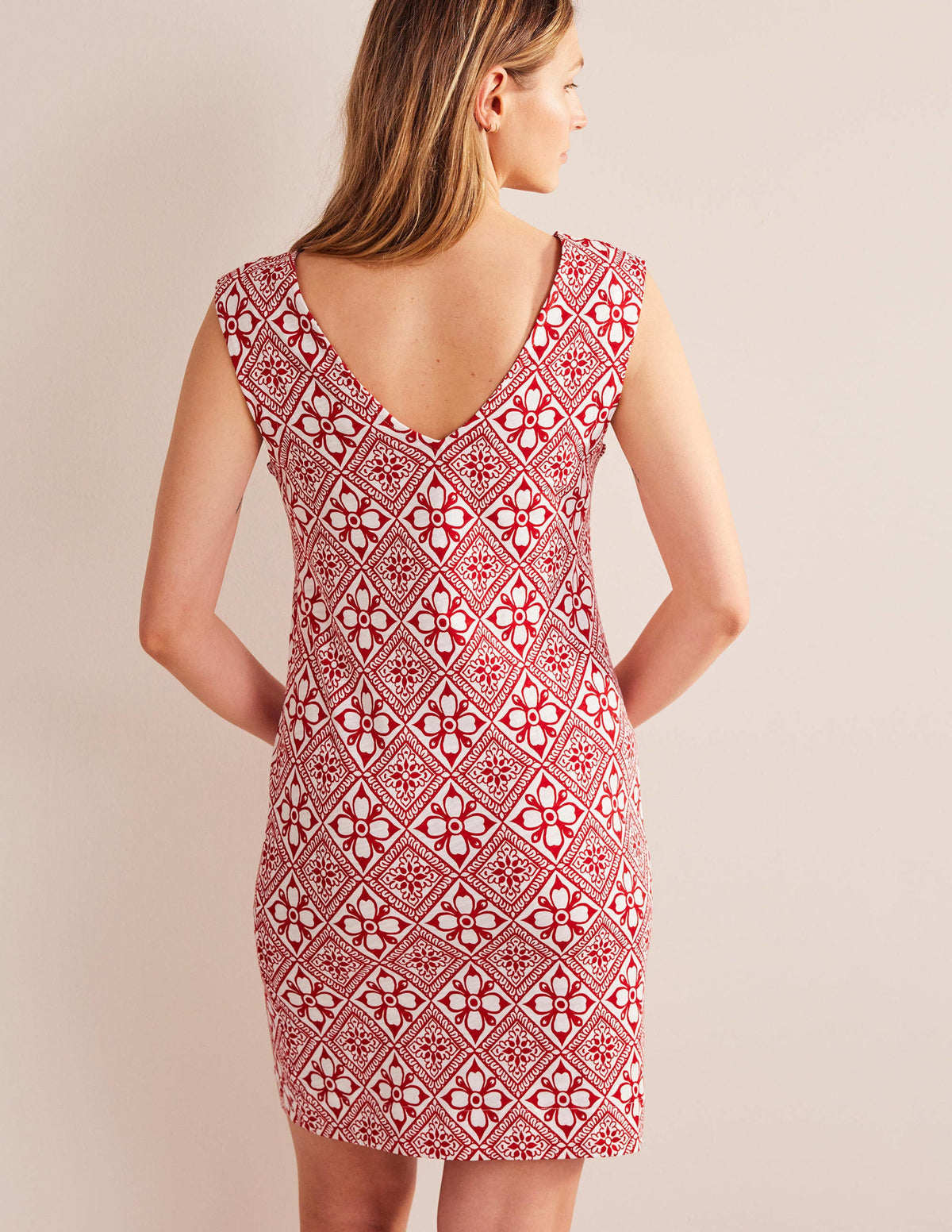 Sleeveless Jersey Shift Dress-Poinsettia, Block Pome - Image 3