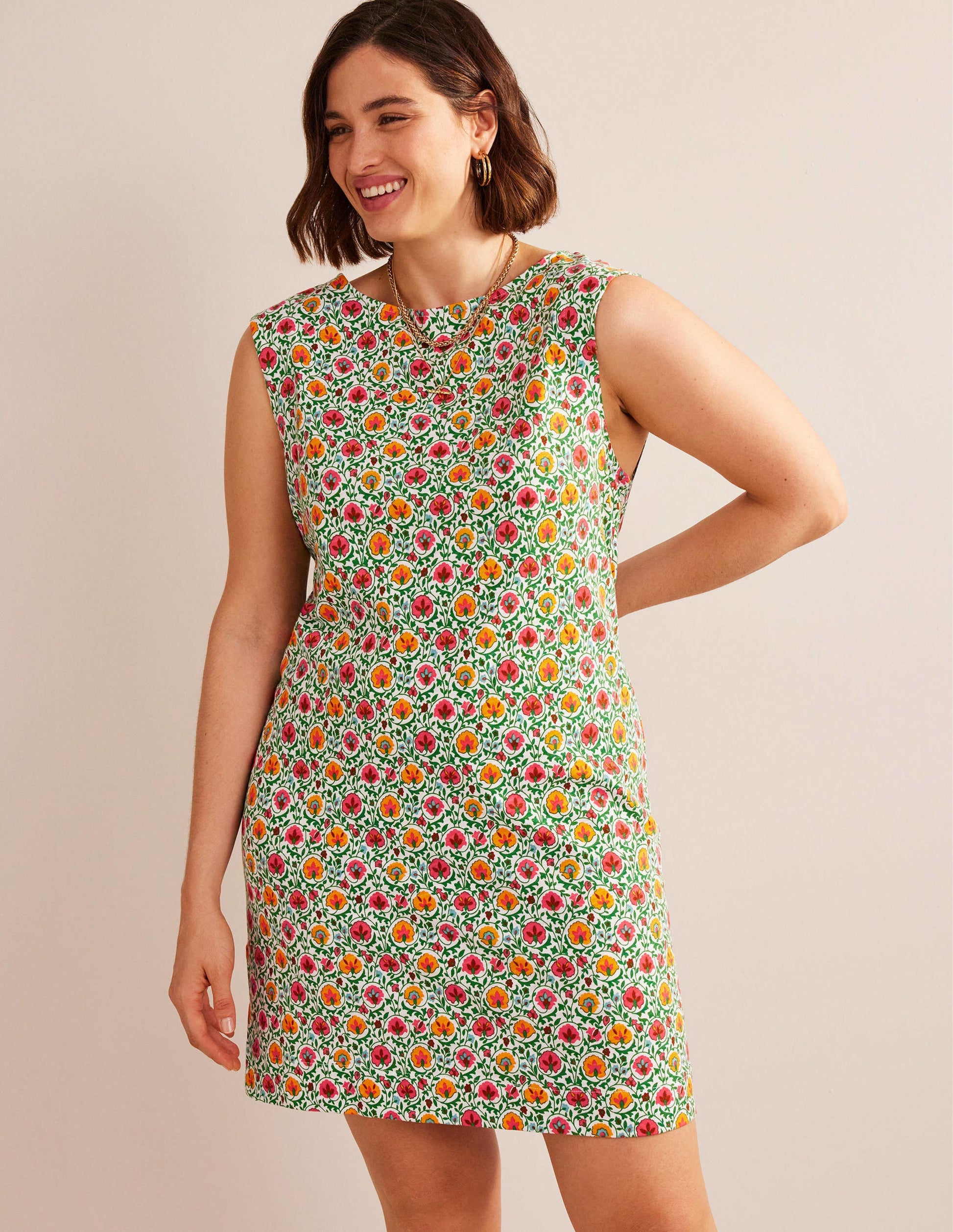 Sleeveless Jersey Shift Dress-Green, Enchanting Bloom-5