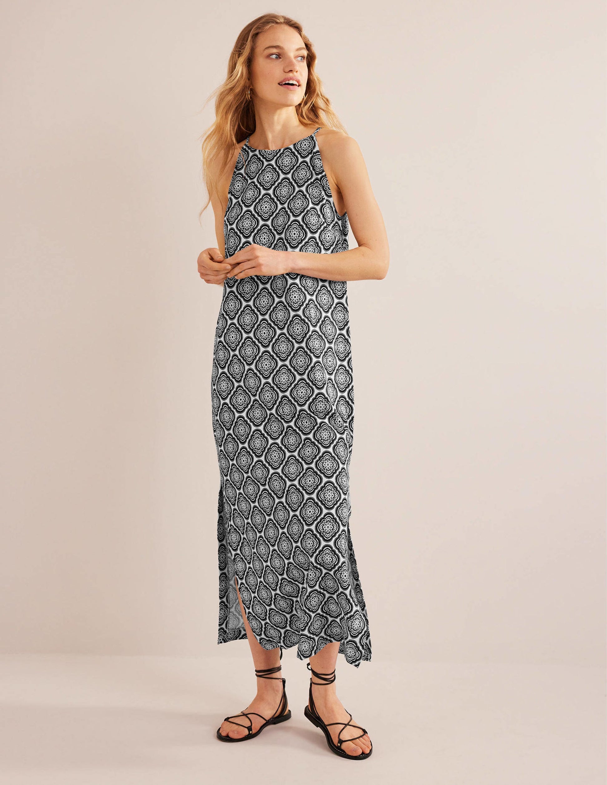 Racer Neck Jersey Midi Dress-Black, Botanic Blush-1
