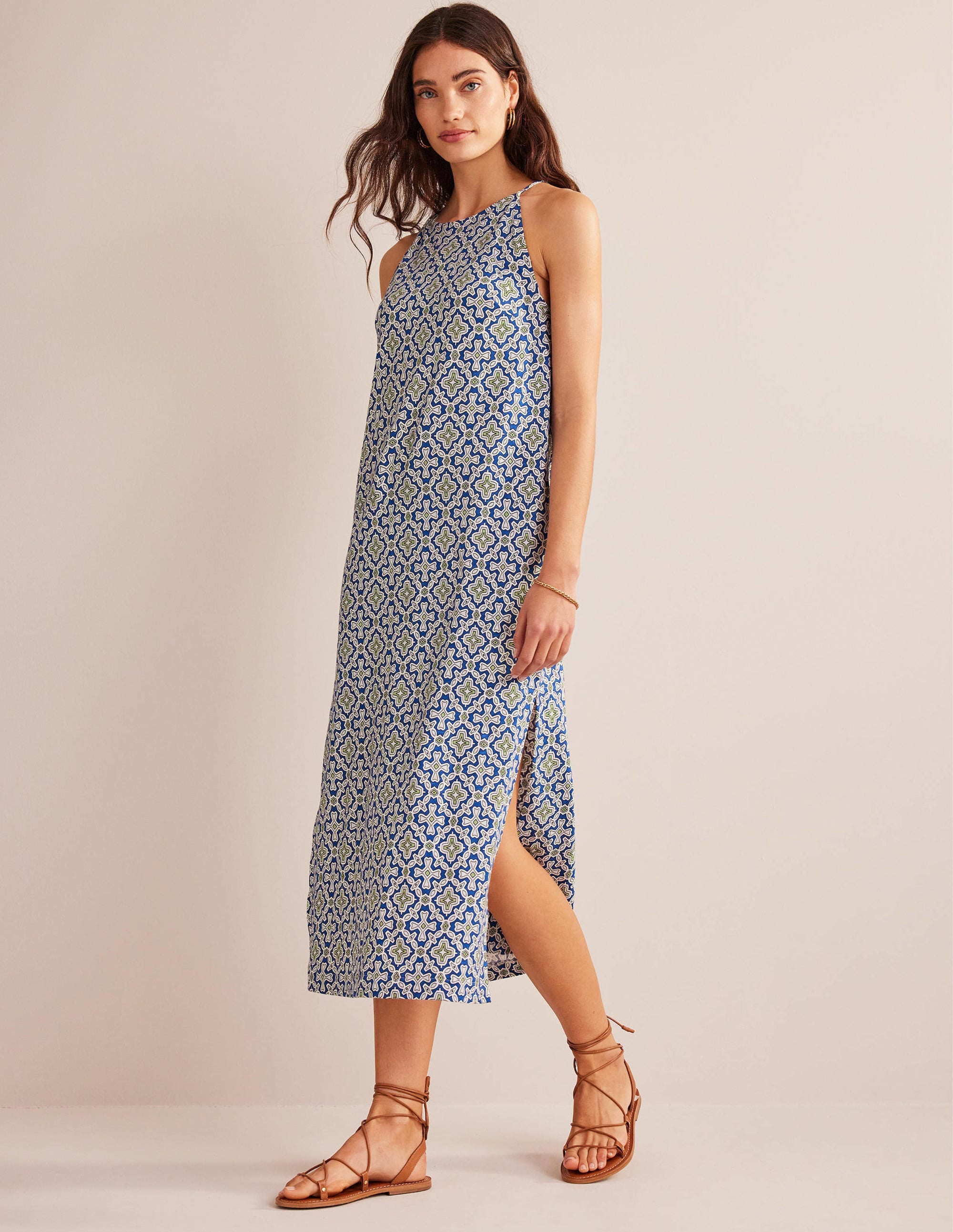 Racer Neck Jersey Midi Dress-Blue Heron, Flora Tile - Image 1