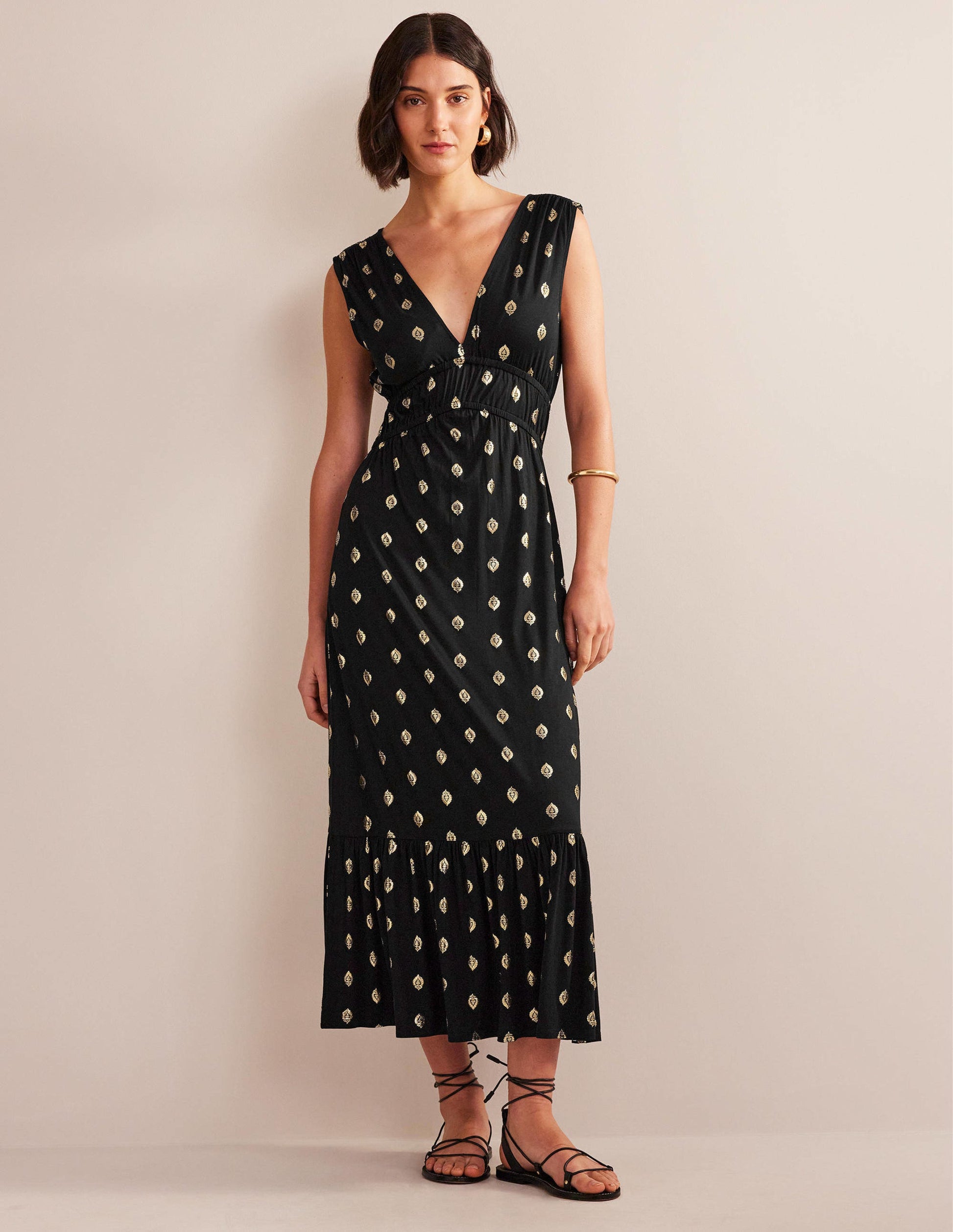 Smocked Jersey Maxi Dress-Black, Tranquil Leaf-1
