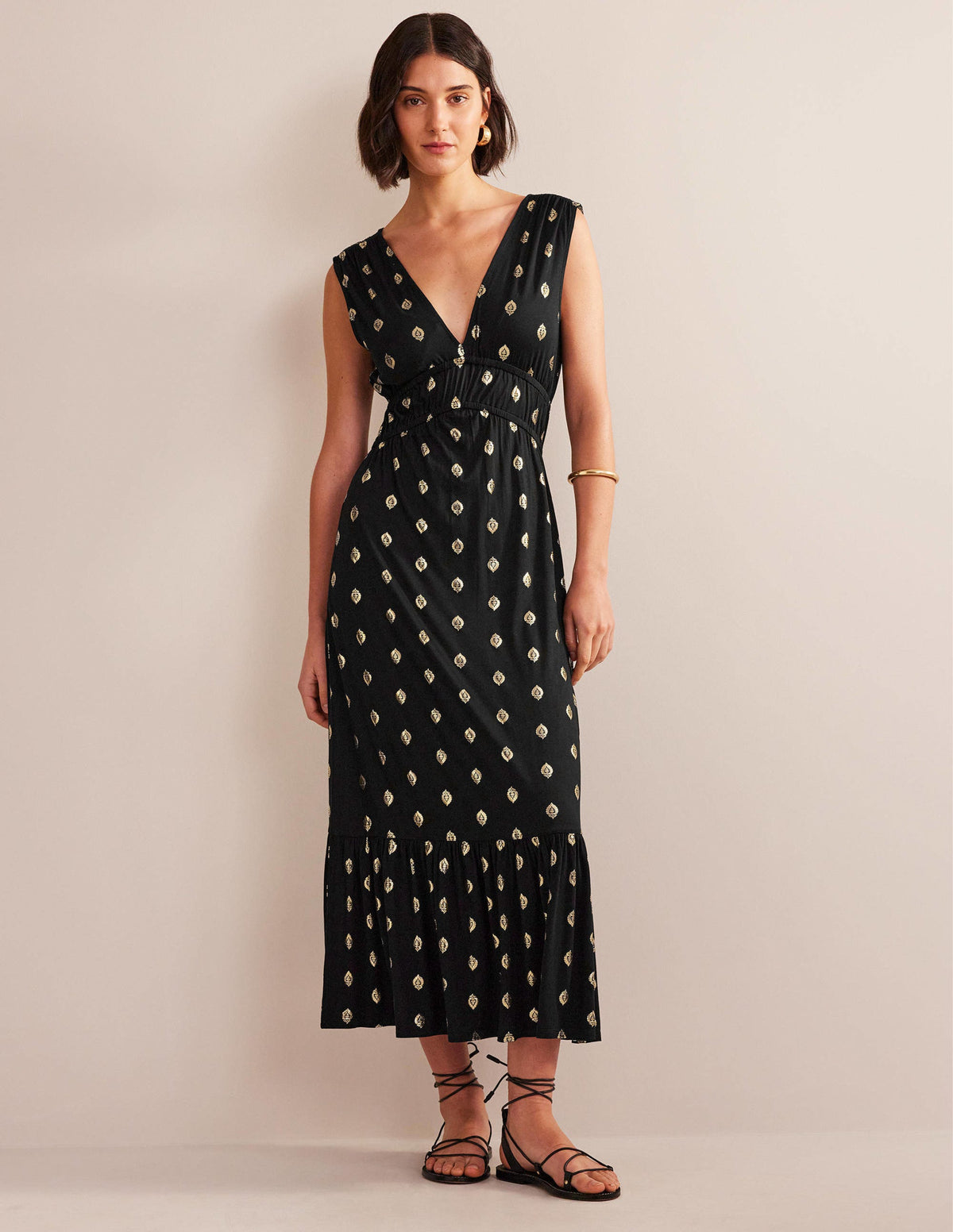 Smocked Jersey Maxi Dress-Black, Tranquil Leaf - Image 1