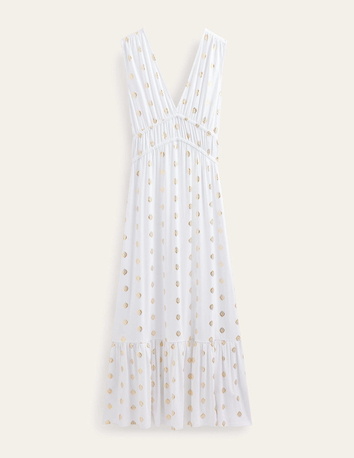 Smocked Jersey Maxi Dress-White, Tranquil Leaf-6