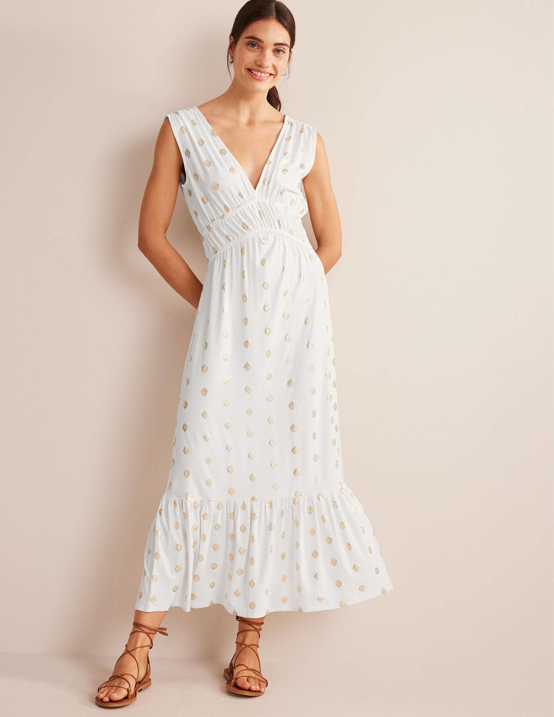 Smocked Jersey Maxi Dress-White, Tranquil Leaf-1