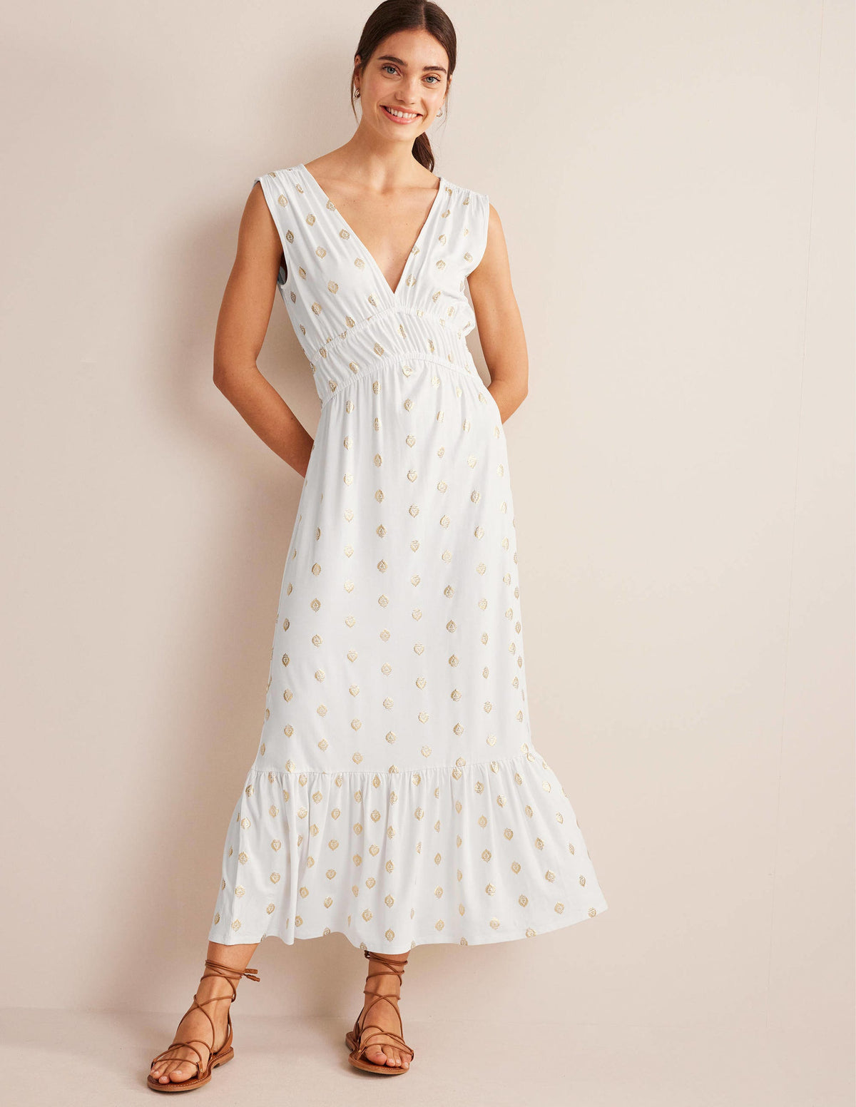 Smocked Jersey Maxi Dress-White, Tranquil Leaf - Image 1